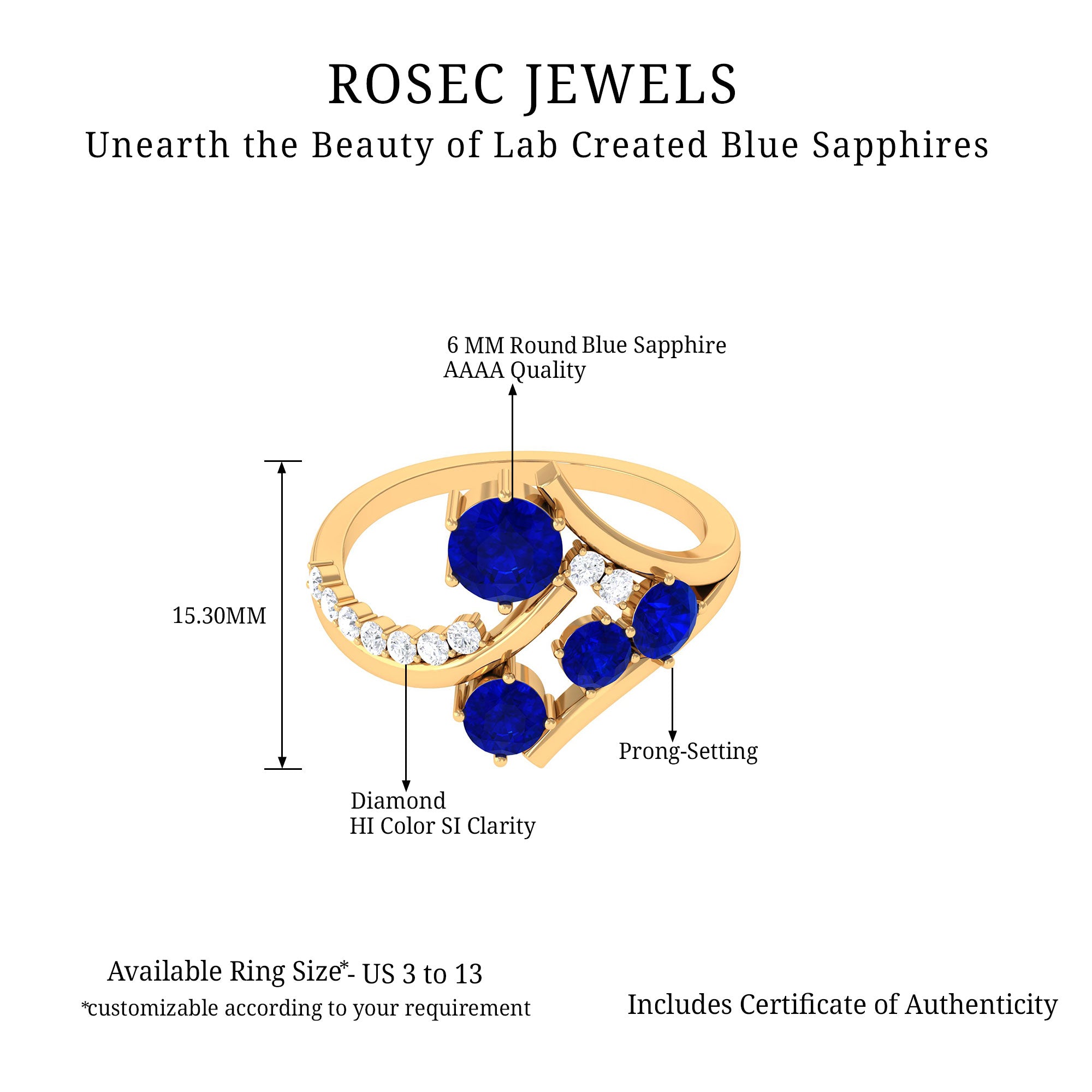 Lab Grown Blue Sapphire and Diamond Cluster Cocktail Ring Lab Created Blue Sapphire - ( AAAA ) - Quality - Rosec Jewels