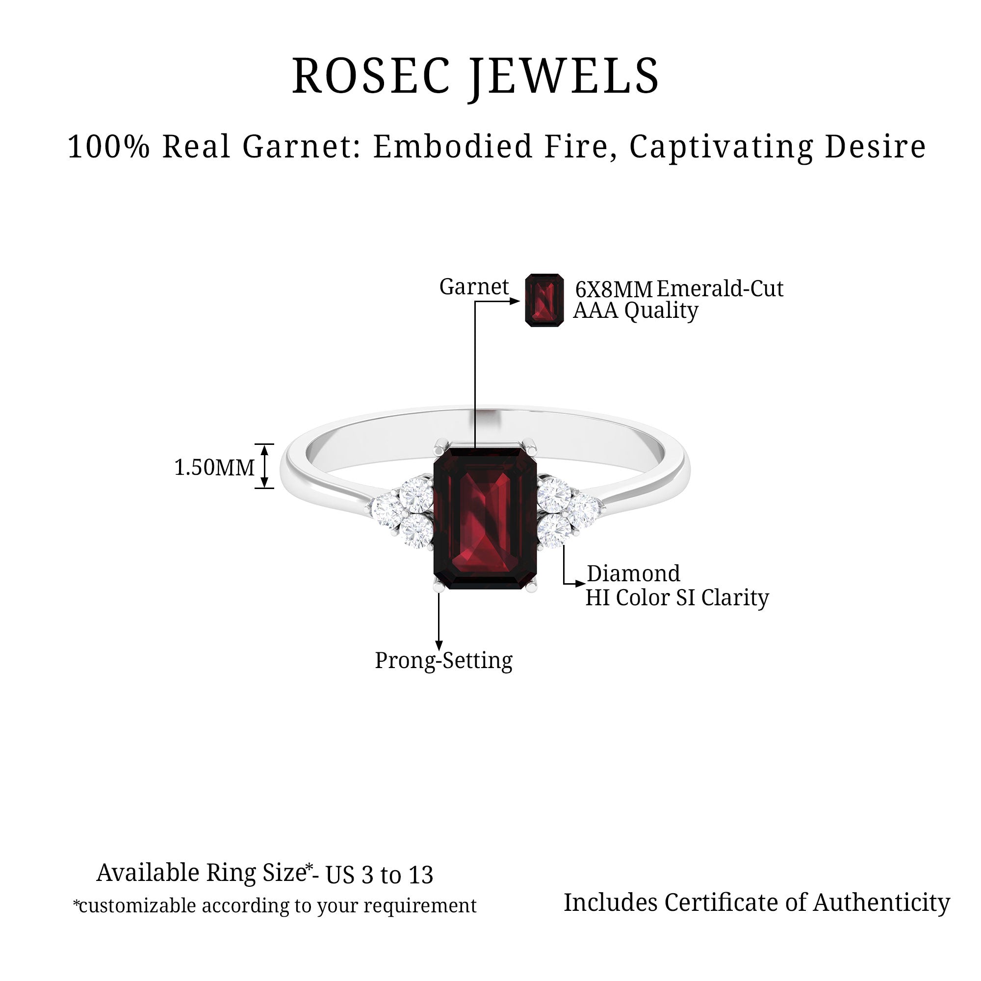 2.5 CT Emerald Cut Garnet Solitaire Engagement Ring with Diamond Trio Garnet - ( AAA ) - Quality - Rosec Jewels