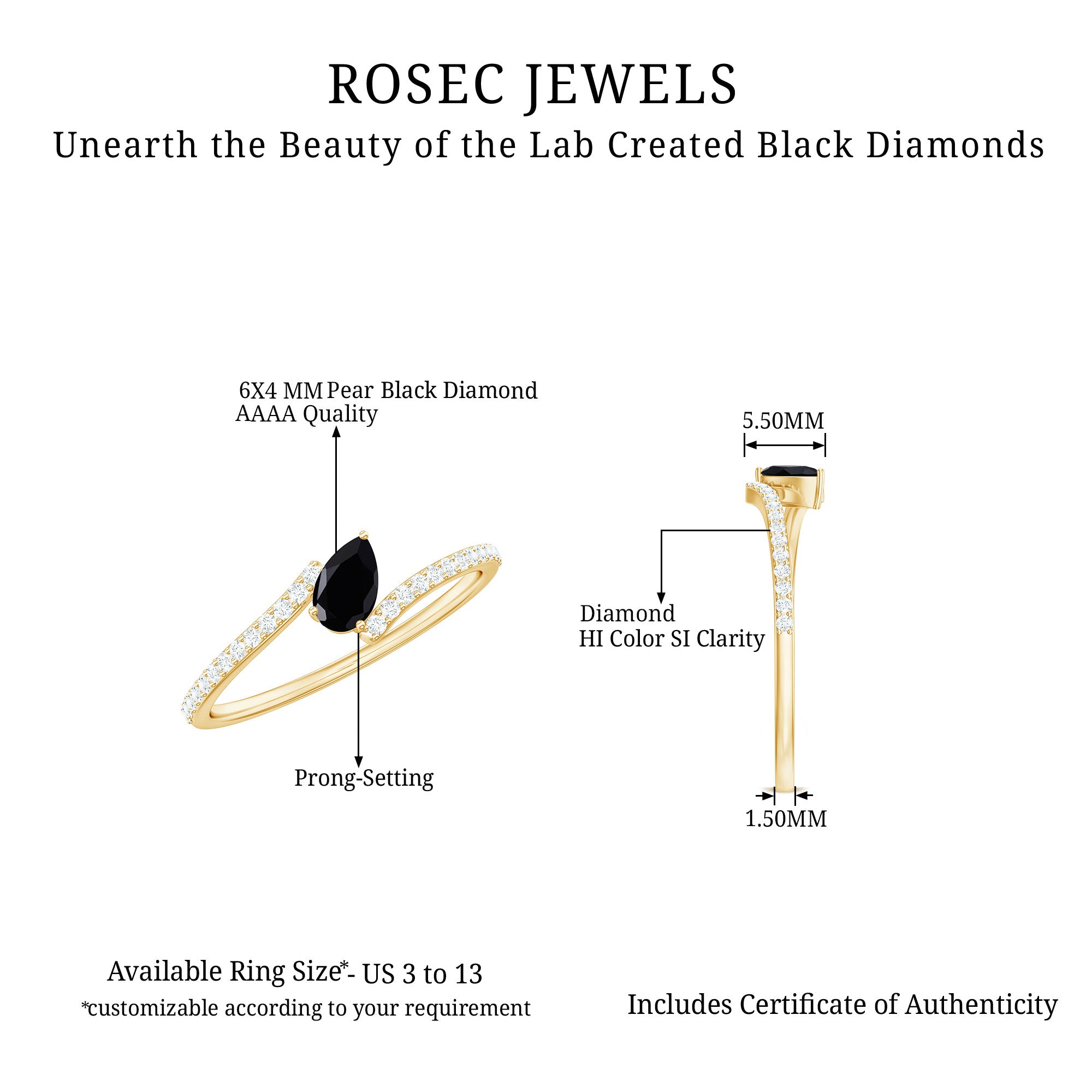 Lab Grown Black Diamond Titled Bypass Promise Ring with Diamond Lab Created Black Diamond - ( AAAA ) - Quality - Rosec Jewels