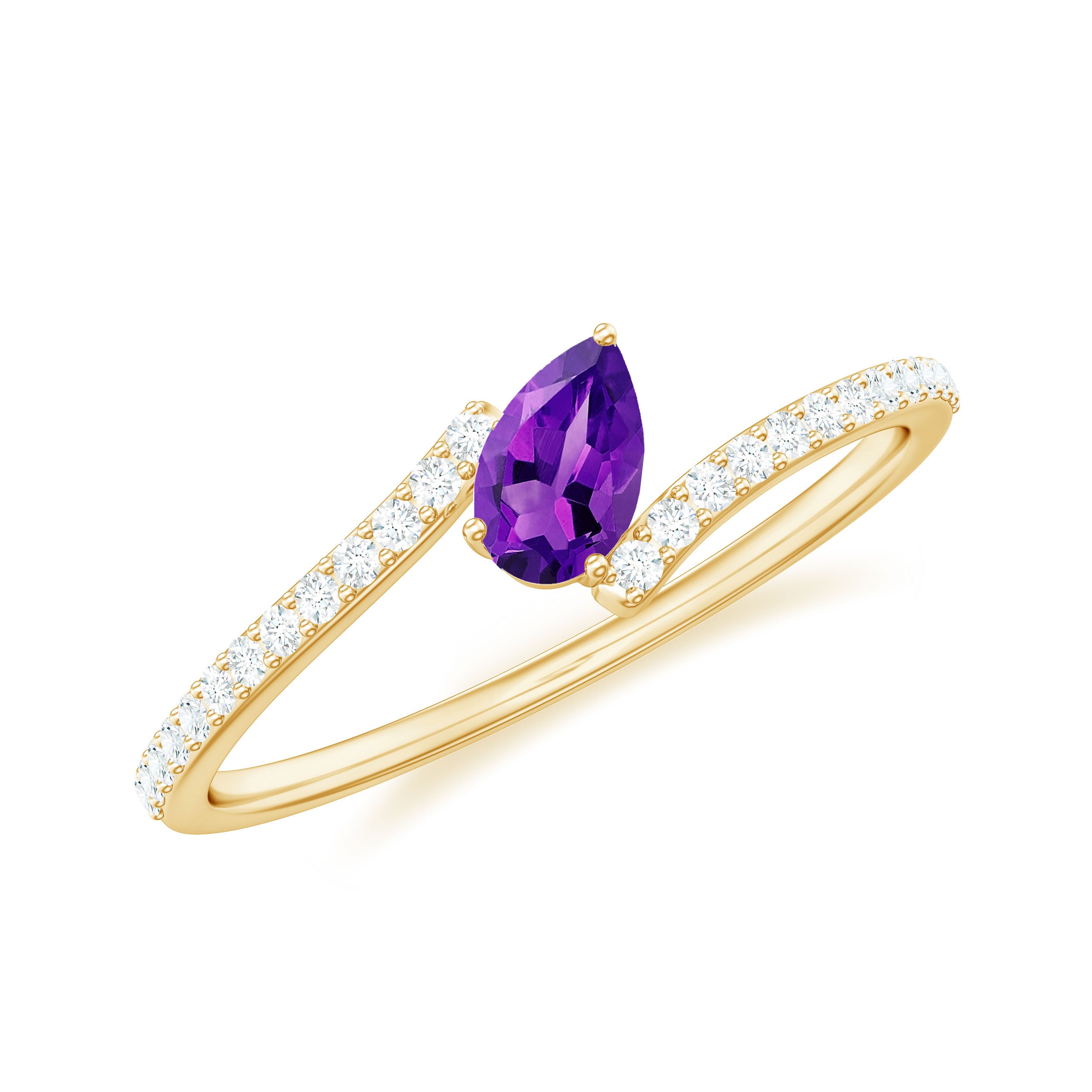 Tilted Pear Shape Solitaire Amethyst Bypass Promise Ring with Diamond Amethyst - ( AAA ) - Quality - Rosec Jewels