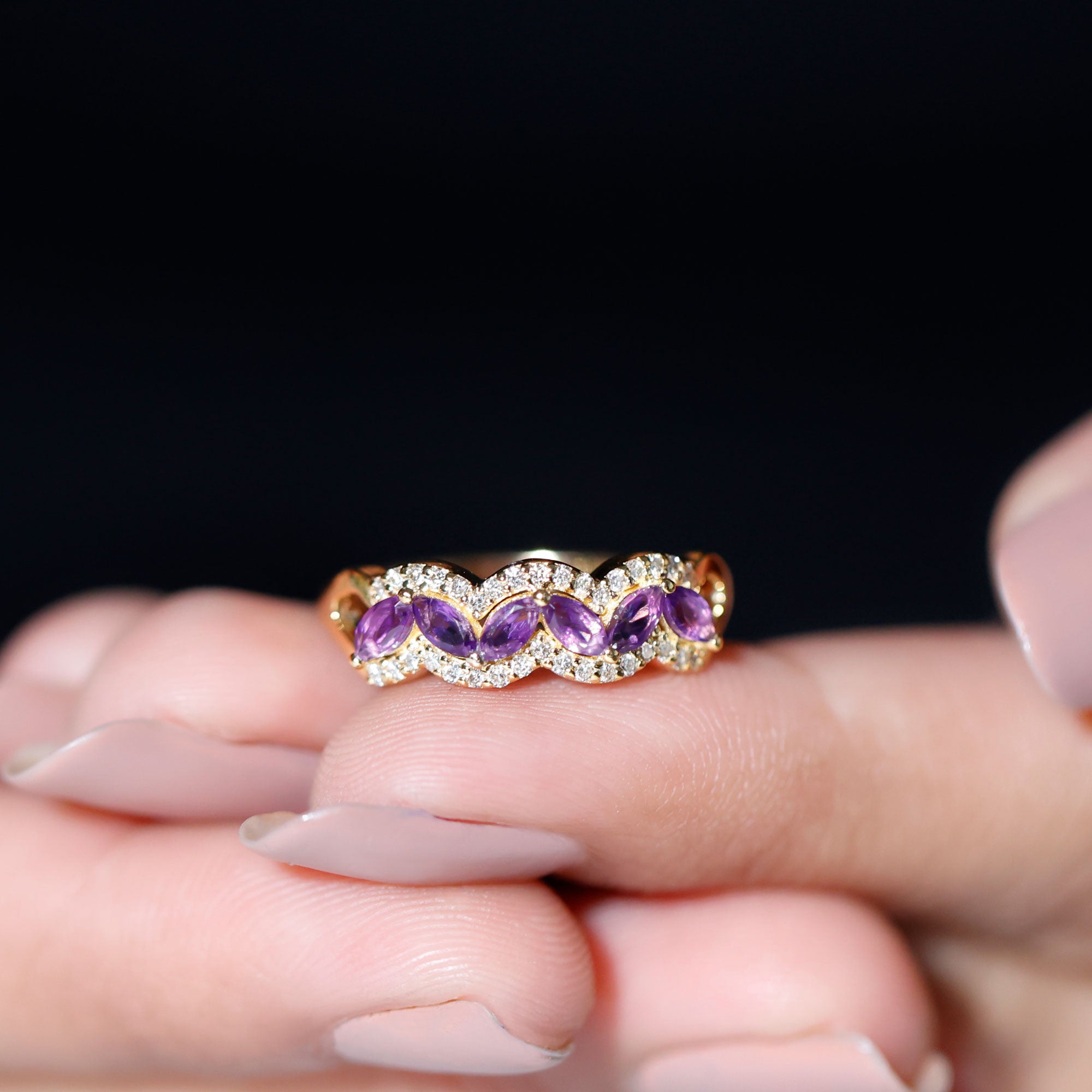 Marquise Shape Amethyst and Diamond Anniversary Band Ring Amethyst - ( AAA ) - Quality - Rosec Jewels