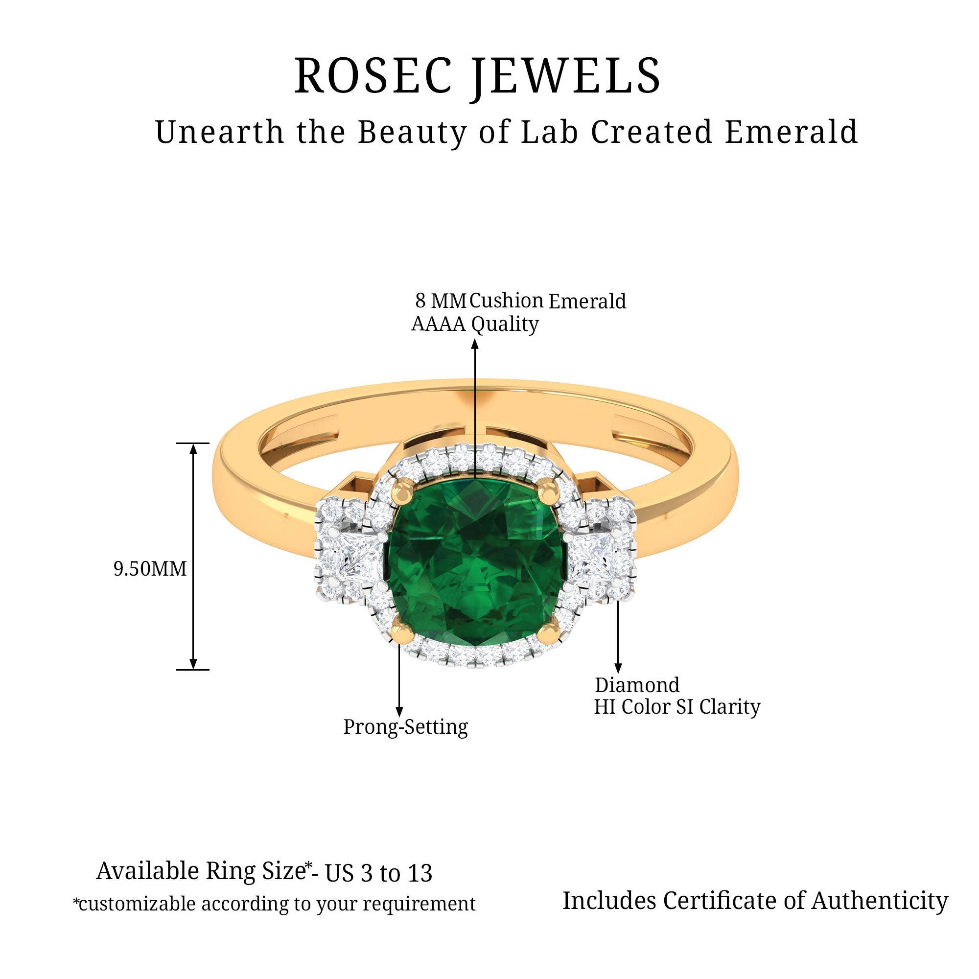 Cushion Cut Lab Grown Emerald Cocktail Engagement Ring with Diamond Lab Created Emerald - ( AAAA ) - Quality - Rosec Jewels