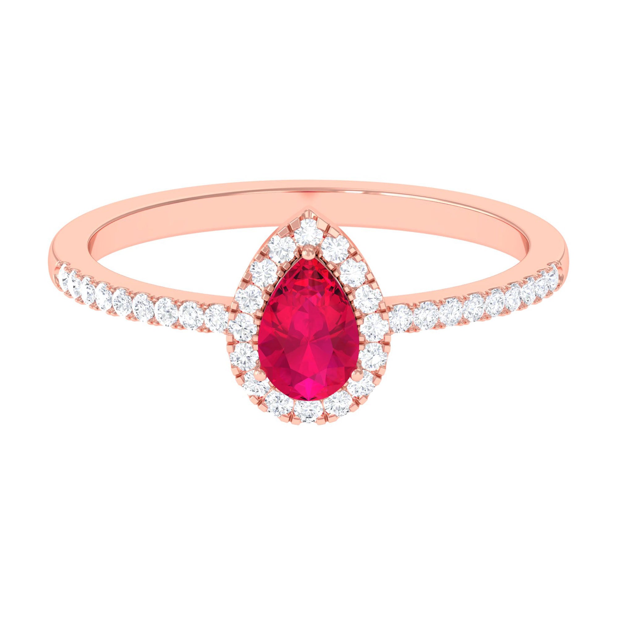 Natural Ruby Teardrop Ring with Diamond Halo Ruby - ( AAA ) - Quality - Rosec Jewels