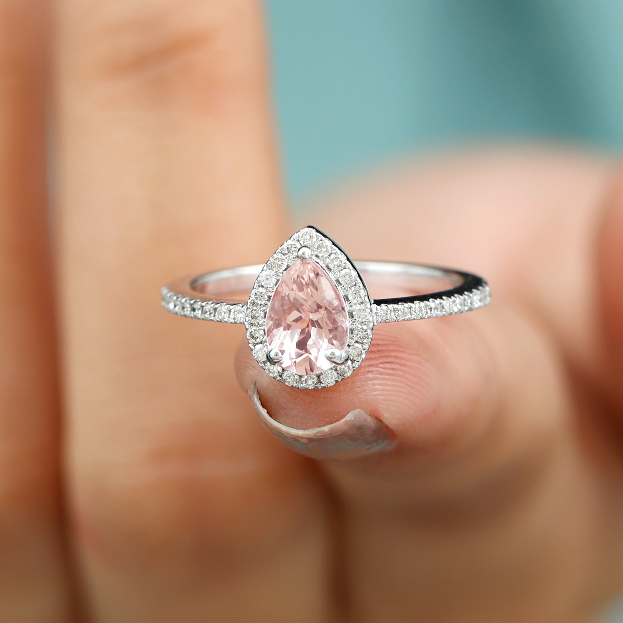 Real Morganite Classic Engagement Ring With Diamond Halo Morganite - ( AAA ) - Quality - Rosec Jewels
