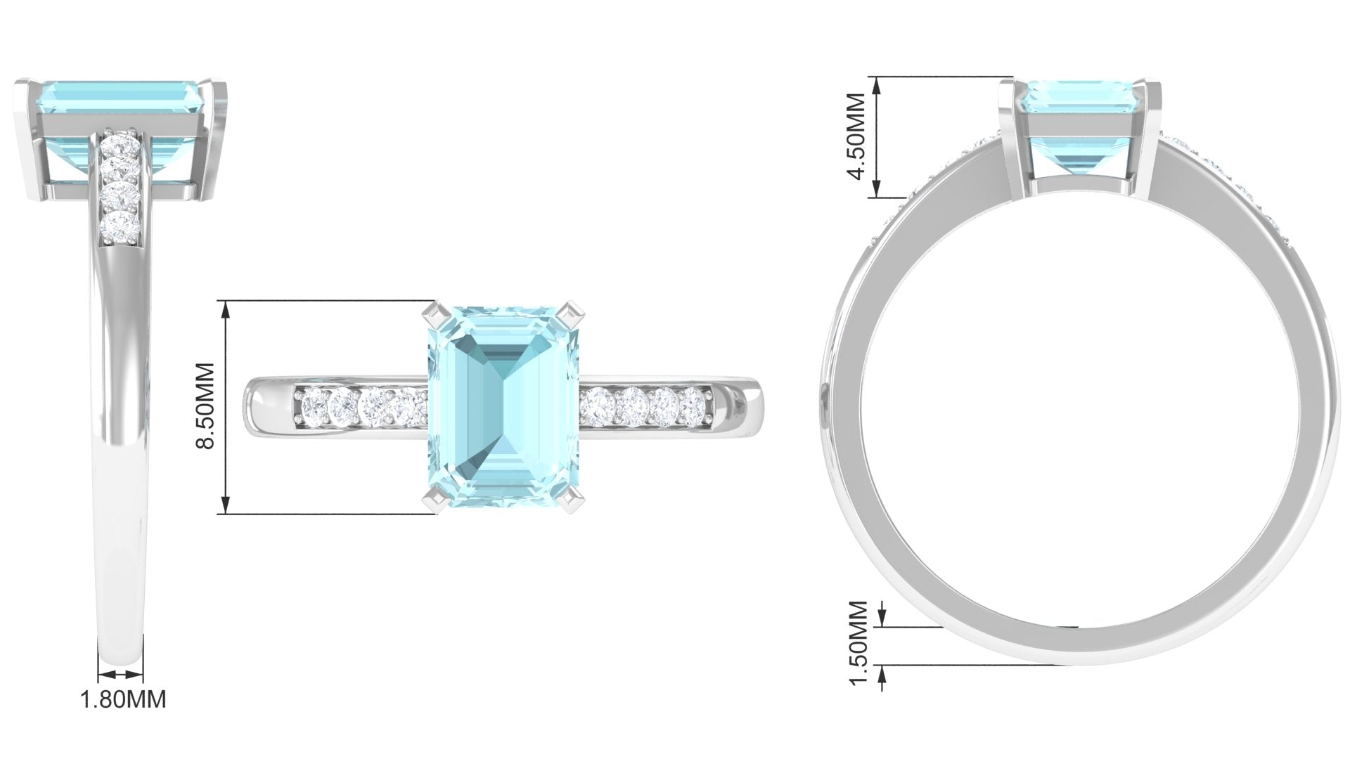 Emerald Cut Shape Sky Blue Topaz Solitaire Engagement Ring with Diamond Side Stones Sky Blue Topaz - ( AAA ) - Quality - Rosec Jewels