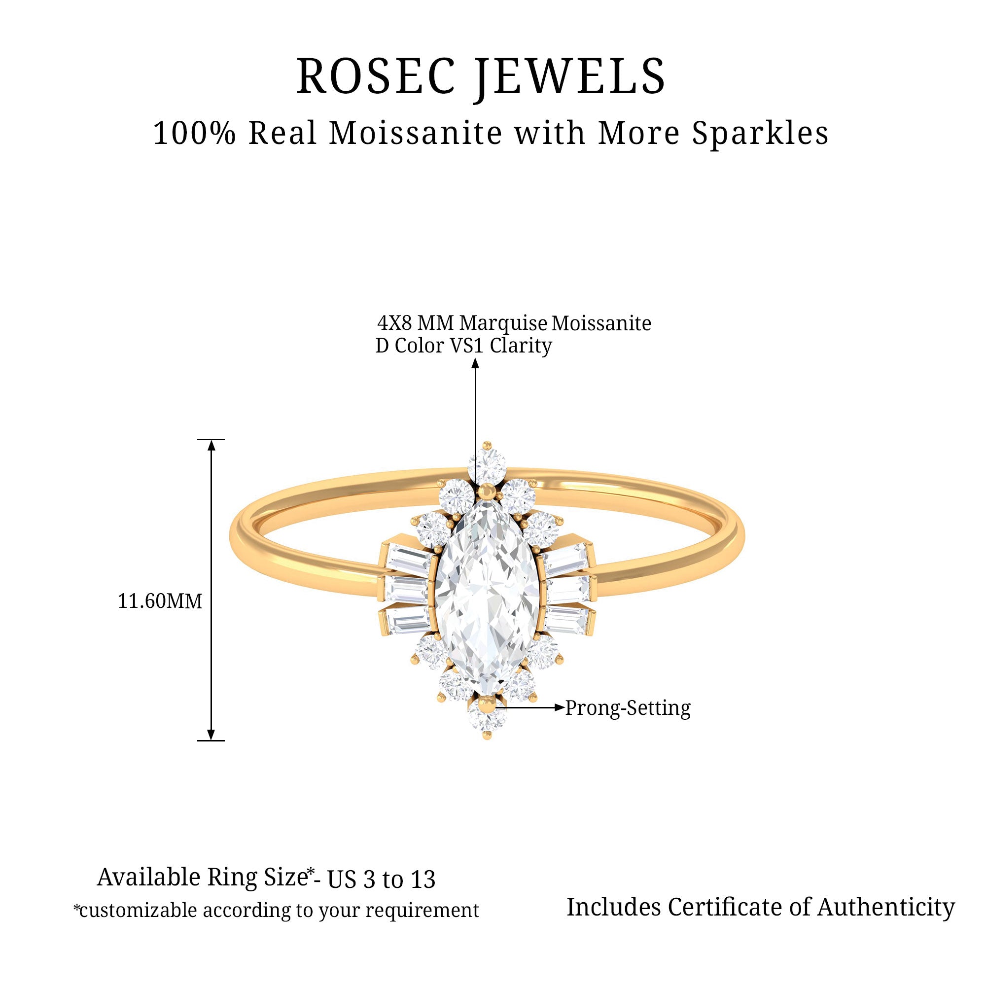 1.5 CT Certified Moissanite Antique Ring with Halo in Gold Moissanite - ( D-VS1 ) - Color and Clarity - Rosec Jewels