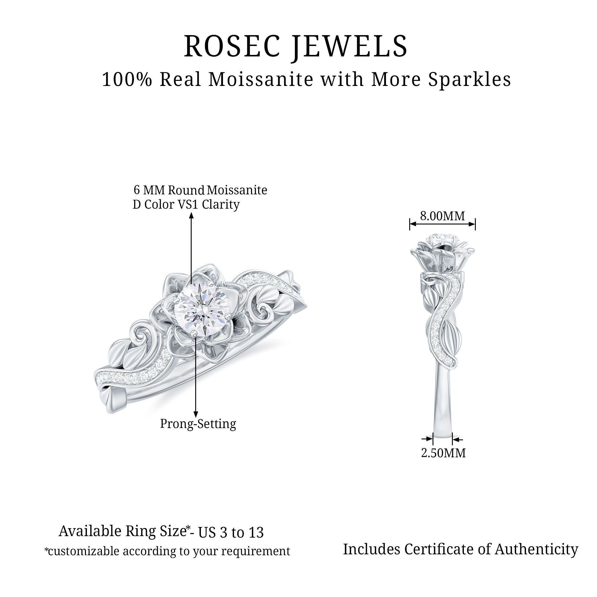 3/4 CT Flower Inspired Moissanite Engagement Ring in Silver Moissanite - ( D-VS1 ) - Color and Clarity 92.5 Sterling Silver 6.5 - Rosec Jewels