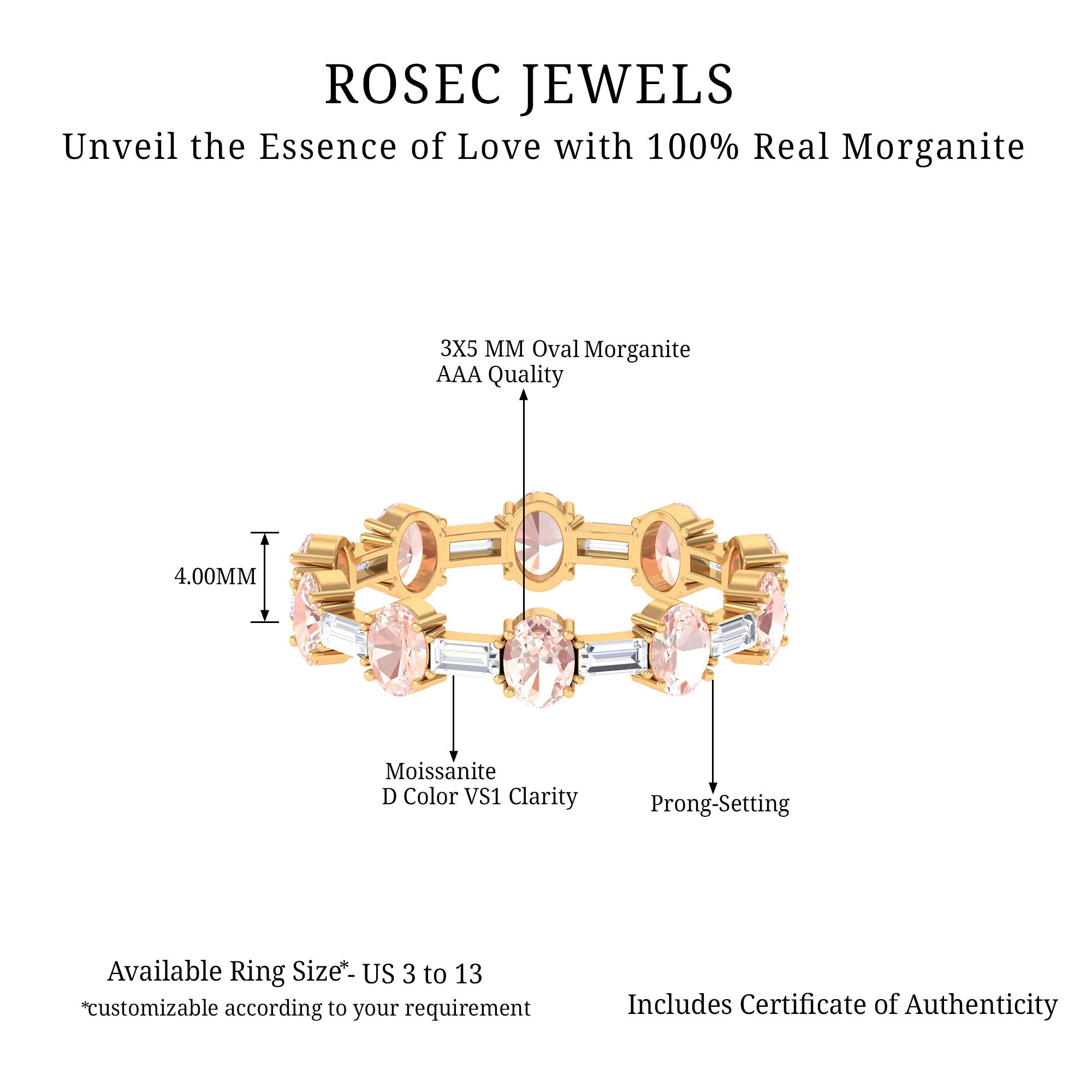 Oval Morganite and Baguette Moissanite Alternate Eternity Band Ring Morganite - ( AAA ) - Quality - Rosec Jewels
