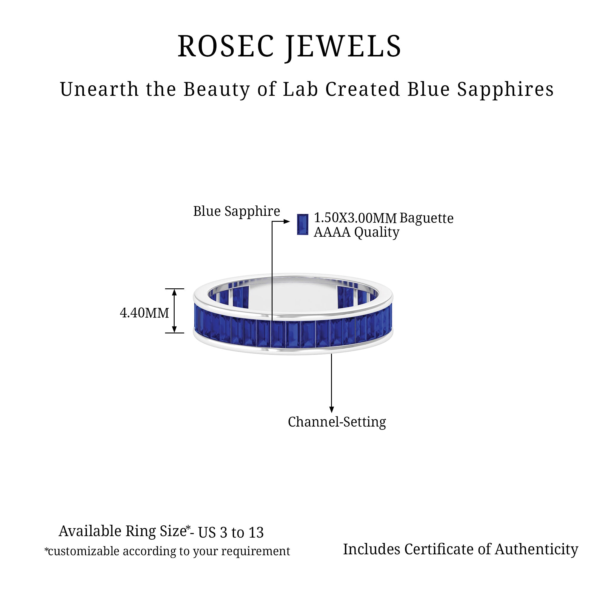 2.5 CT Channel Set Baguette Cut Created Blue Sapphire Eternity Band Ring Lab Created Blue Sapphire - ( AAAA ) - Quality - Rosec Jewels