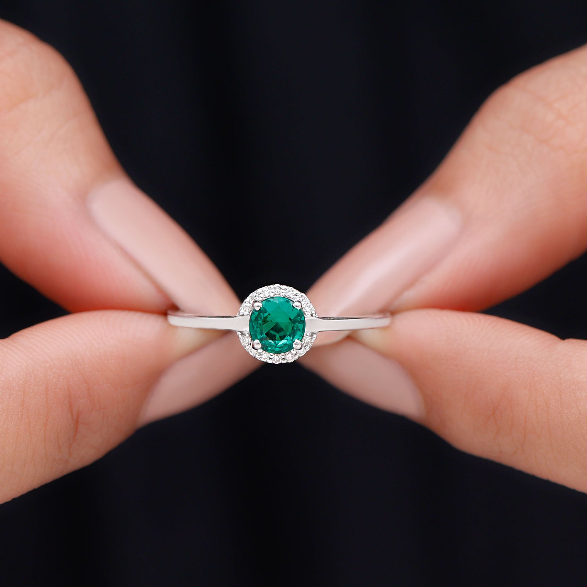 Round Lab Grown Emerald Halo Engagement Ring with Diamond Lab Created Emerald - ( AAAA ) - Quality - Rosec Jewels