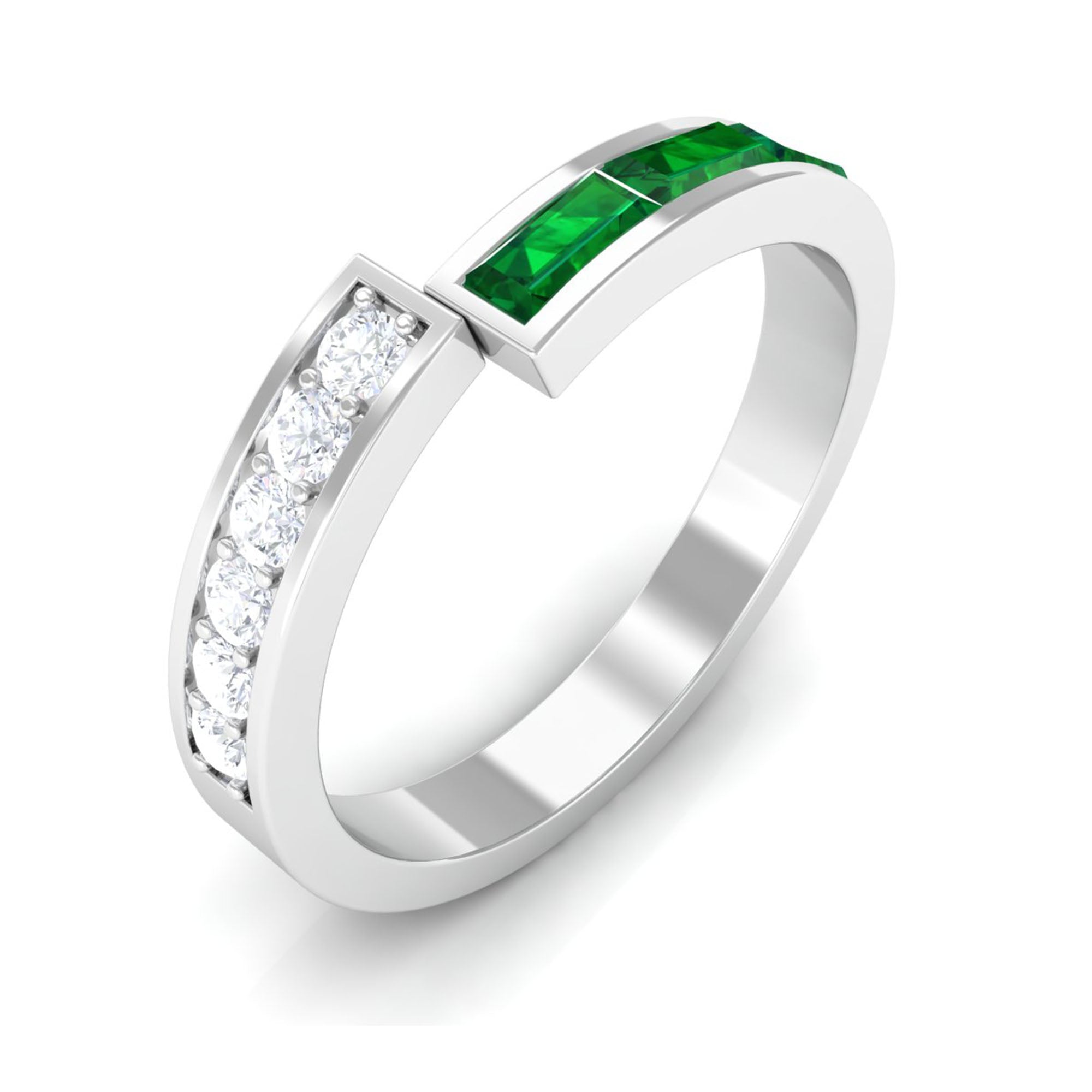 Baguette Cut Created Emerald and Diamond Designer Band Ring Lab Created Emerald - ( AAAA ) - Quality - Rosec Jewels