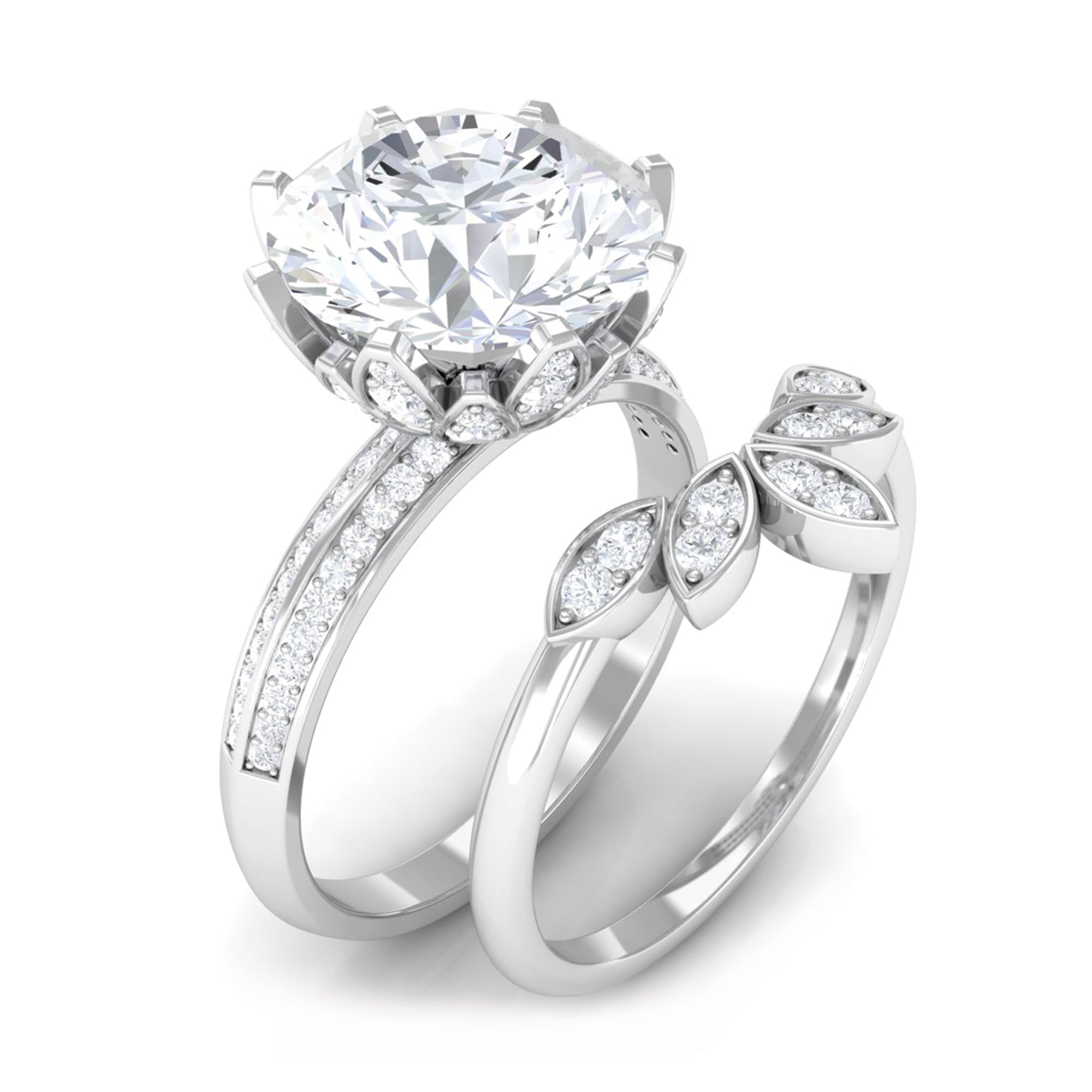 Floral Inspired Certified Moissanite Engagement Ring Set Moissanite - ( D-VS1 ) - Color and Clarity - Rosec Jewels