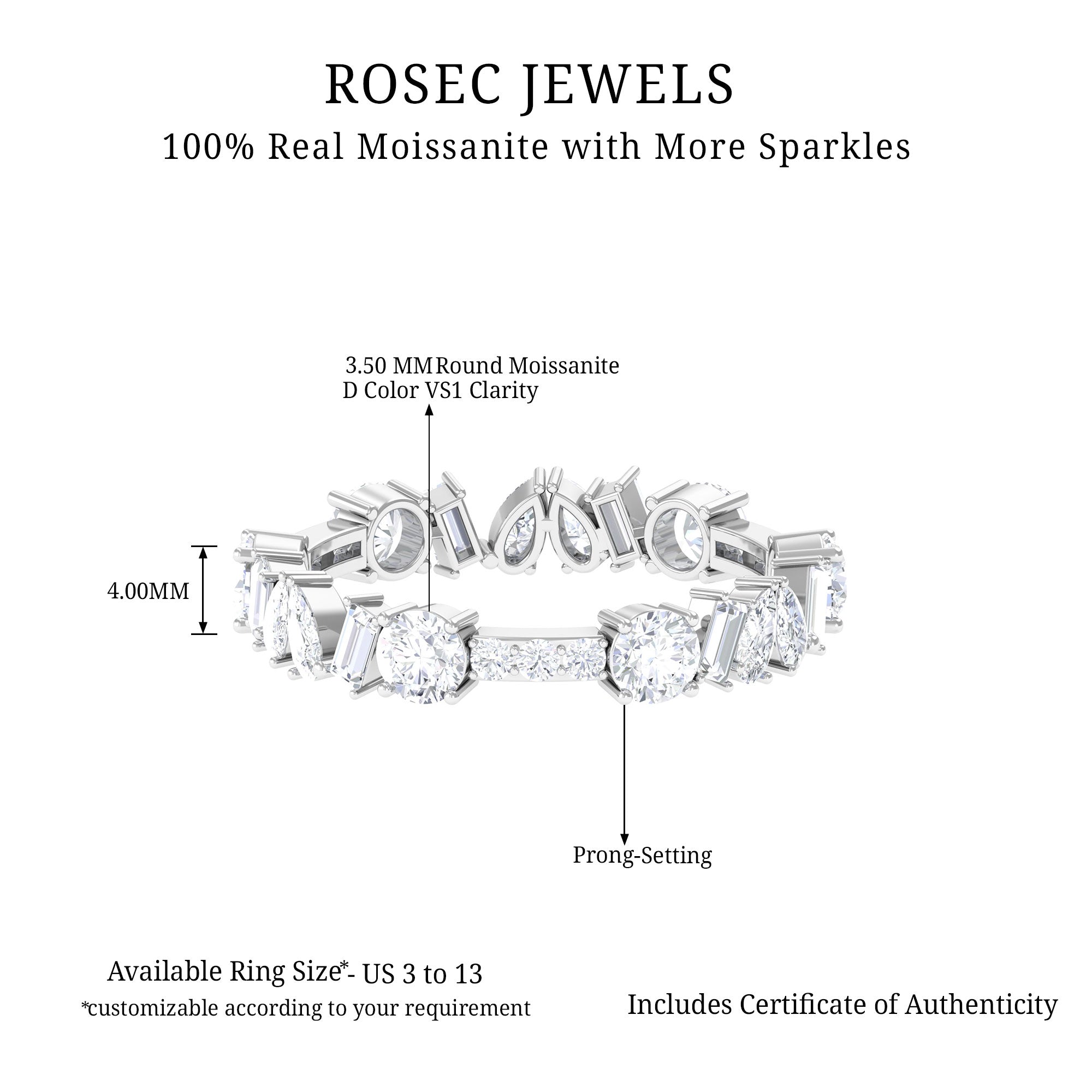 Uneven Moissanite Designer Wedding Band Ring Moissanite - ( D-VS1 ) - Color and Clarity - Rosec Jewels