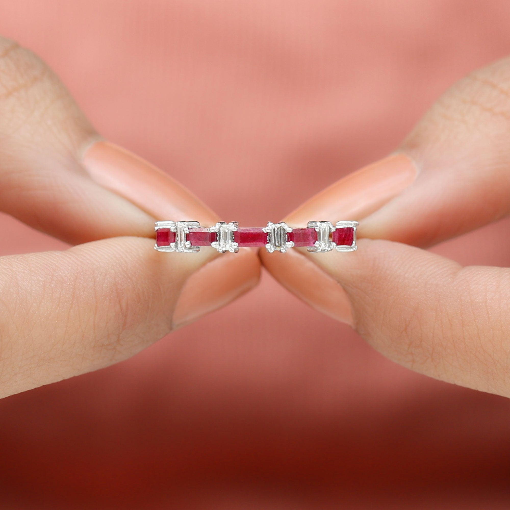 Baguette Cut Ruby Half Eternity Ring with Diamond Accent Ruby - ( AAA ) - Quality - Rosec Jewels
