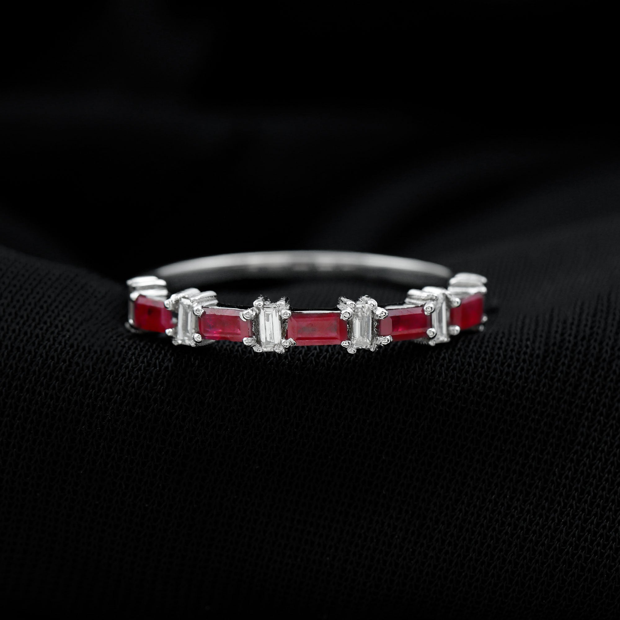 Baguette Cut Ruby Half Eternity Ring with Diamond Accent Ruby - ( AAA ) - Quality - Rosec Jewels
