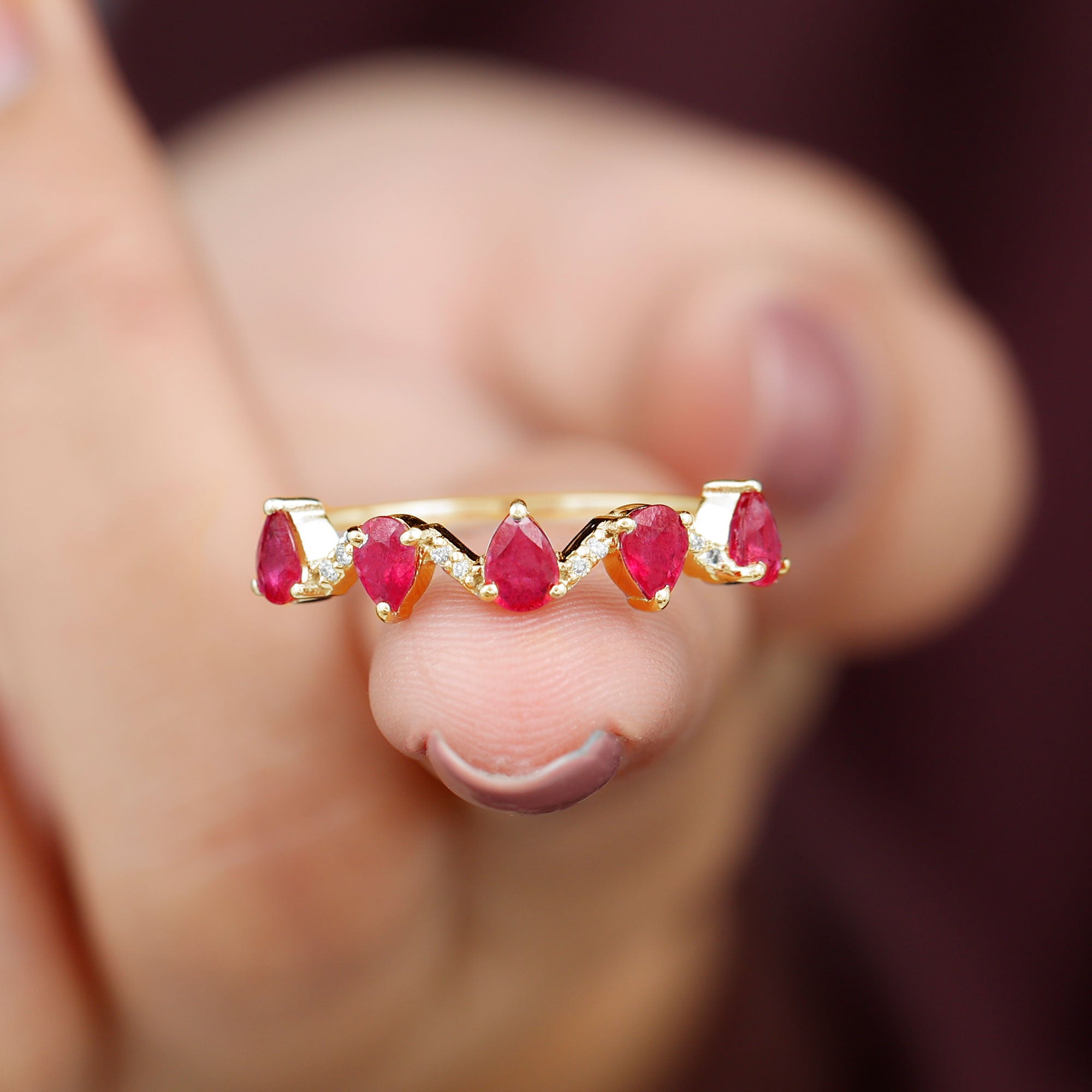 Pear Cut Natural Ruby and Diamond Half Eternity Ring Ruby - ( AAA ) - Quality - Rosec Jewels