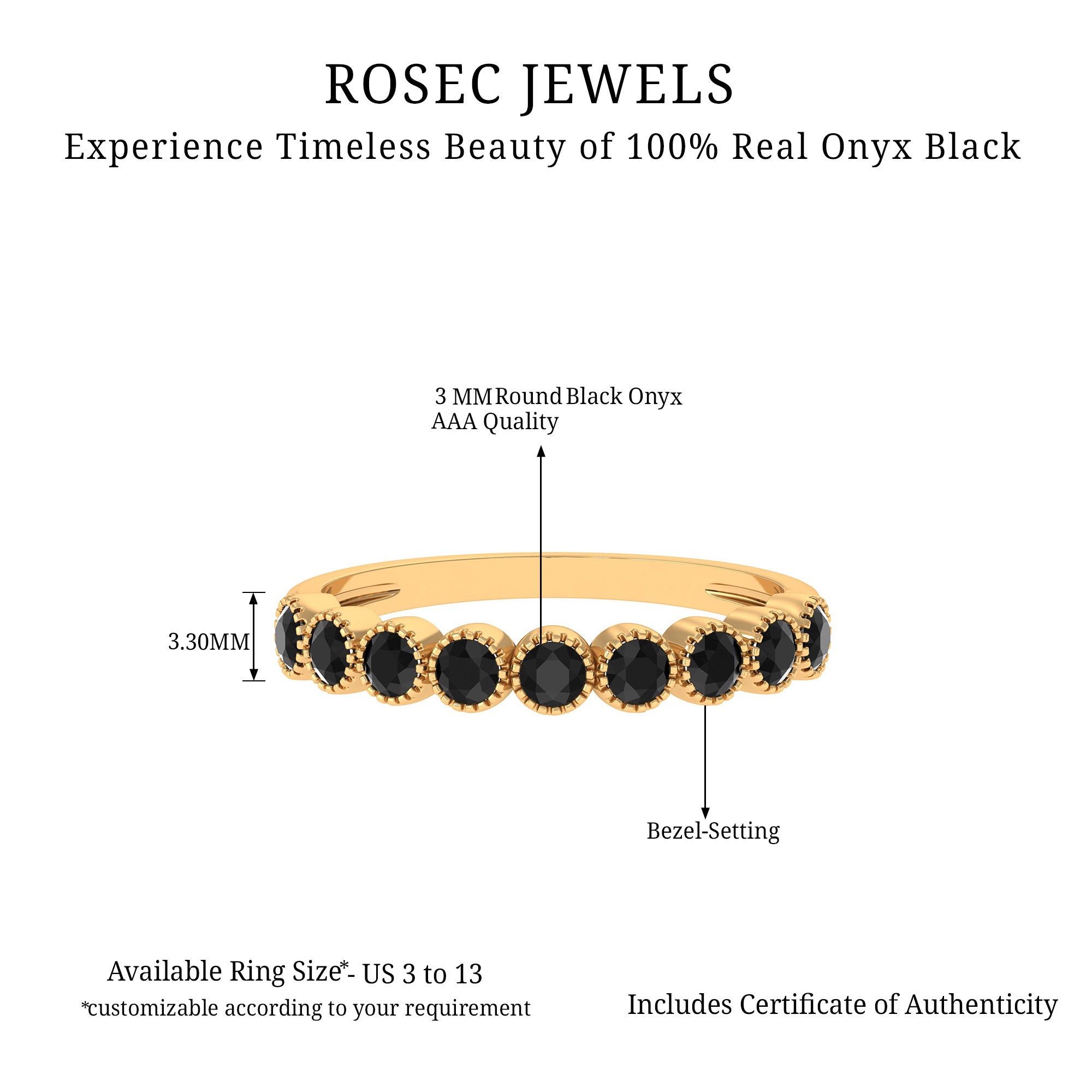 Miligrain Bezel Set Black Onyx Half Eternity Ring Black Onyx - ( AAA ) - Quality - Rosec Jewels