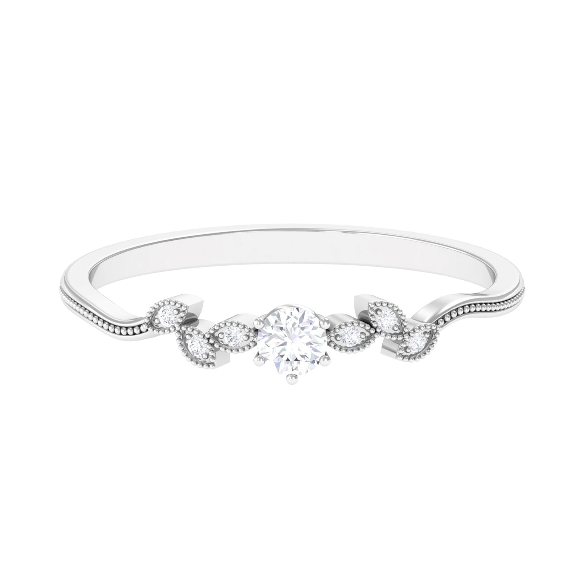 Certified Moissanite Minimal Leaf Inspired Beaded Promise Ring Moissanite - ( D-VS1 ) - Color and Clarity - Rosec Jewels
