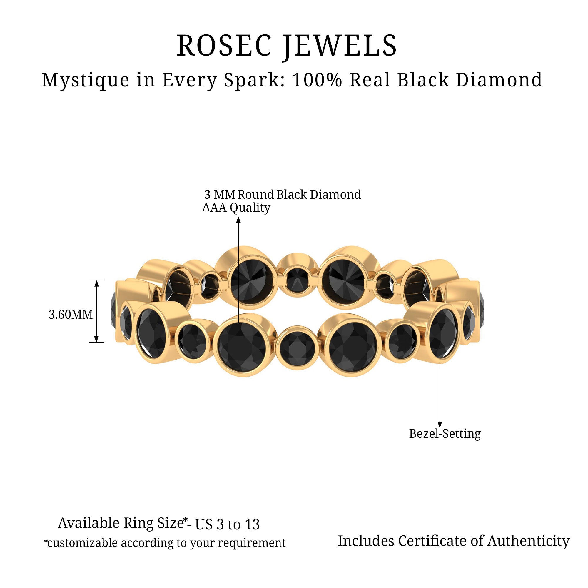 1.75 CT Bezel Set Black Diamond Full Eternity Stackable Ring Black Diamond - ( AAA ) - Quality - Rosec Jewels