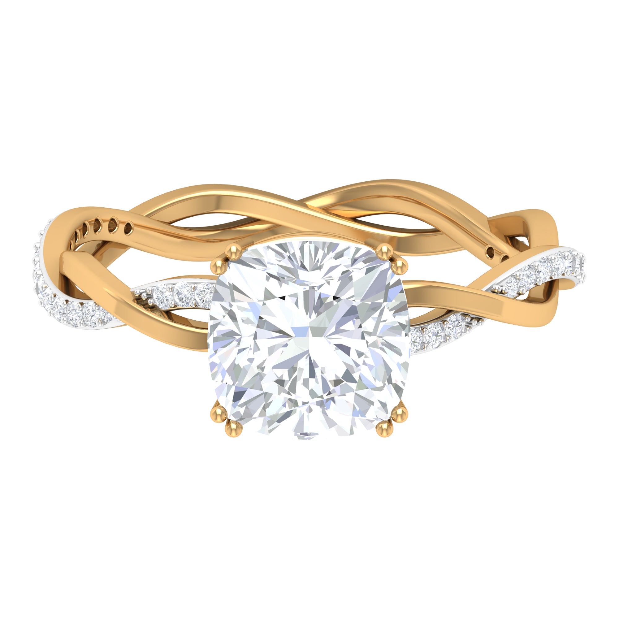 Rosec Jewels-Solitaire Ring with 8 MM Cushion Cut Moissanite in Double Prong Setting with Braided Shank