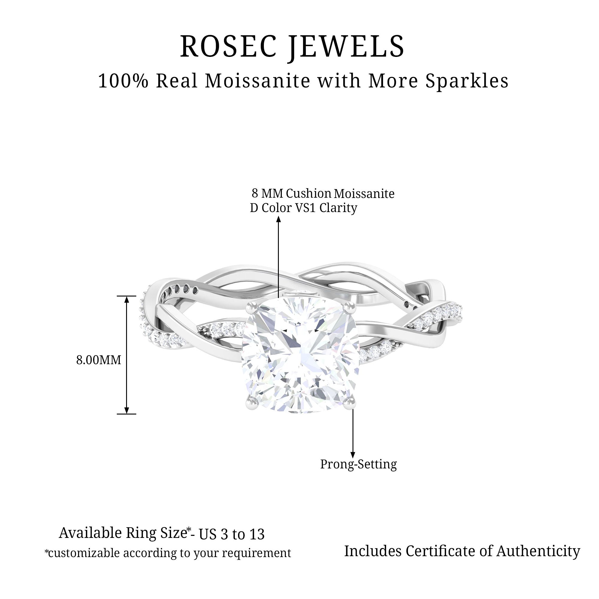 2.25 CT Cushion Cut Solitaire Moissanite Braided Ring Moissanite - ( D-VS1 ) - Color and Clarity - Rosec Jewels