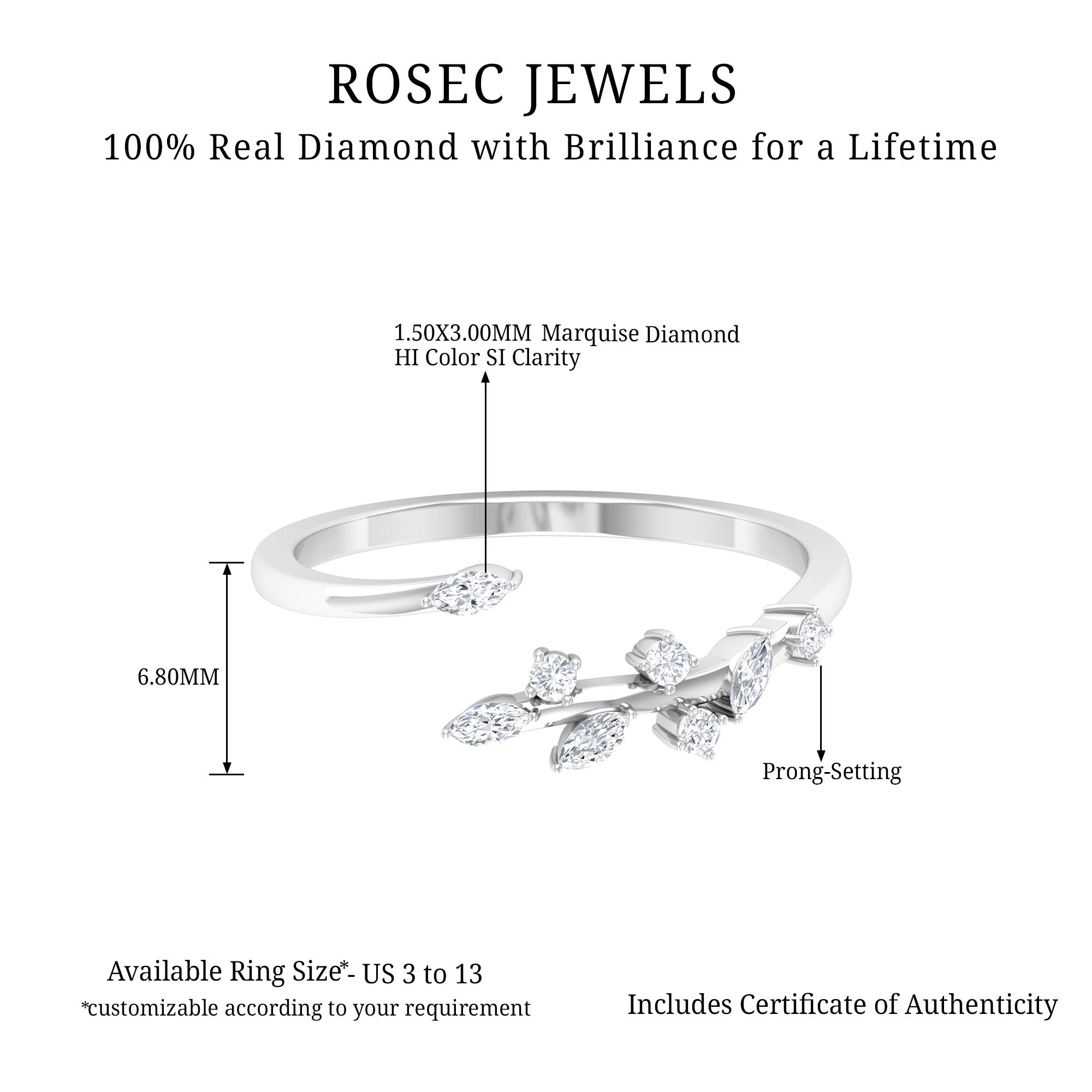 Marquise and Round Cut Natural Diamond Leaf Wrap Ring in Gold Diamond - ( HI-SI ) - Color and Clarity - Rosec Jewels