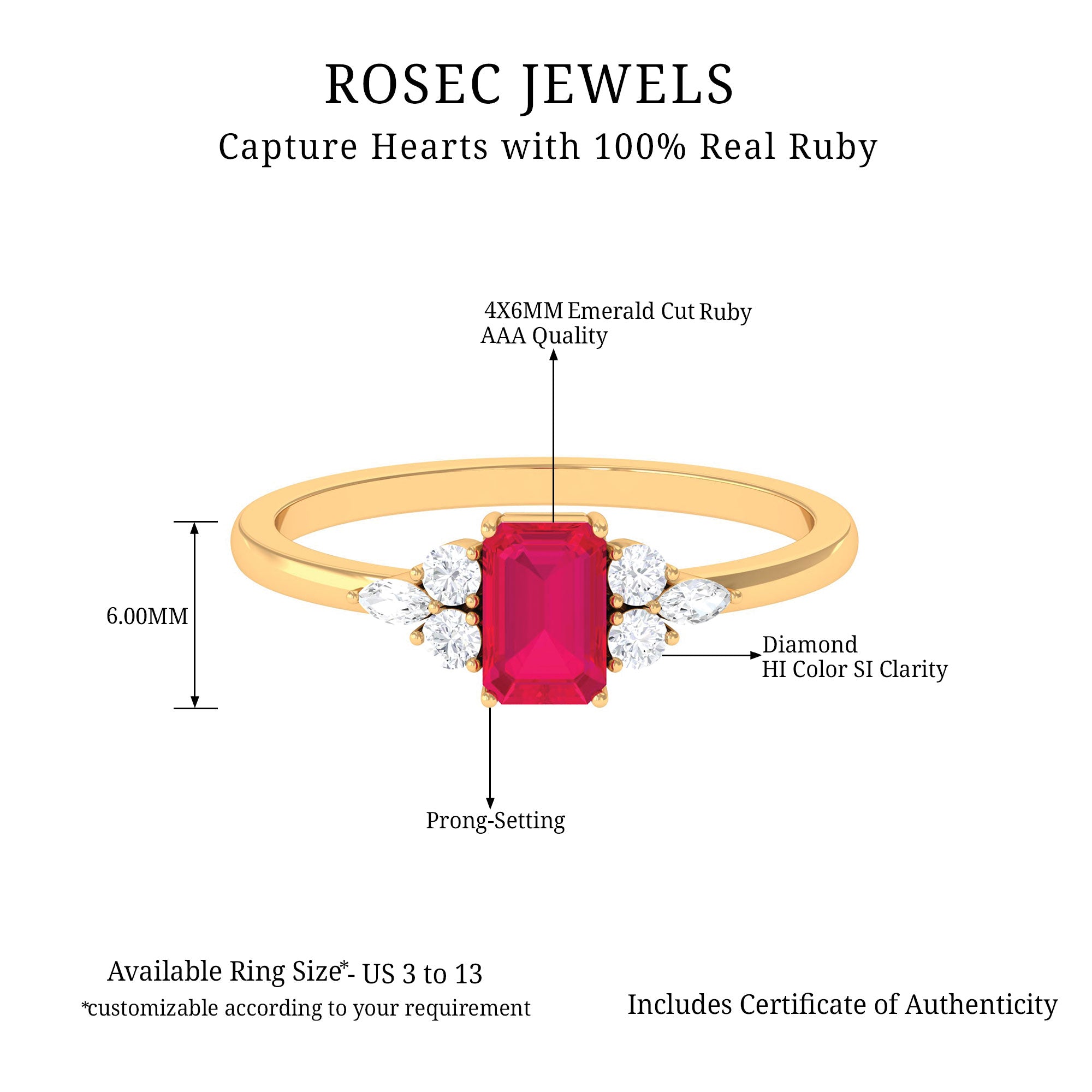 Octagon Cut Ruby Solitaire Ring with Diamond Trio Ruby - ( AAA ) - Quality - Rosec Jewels