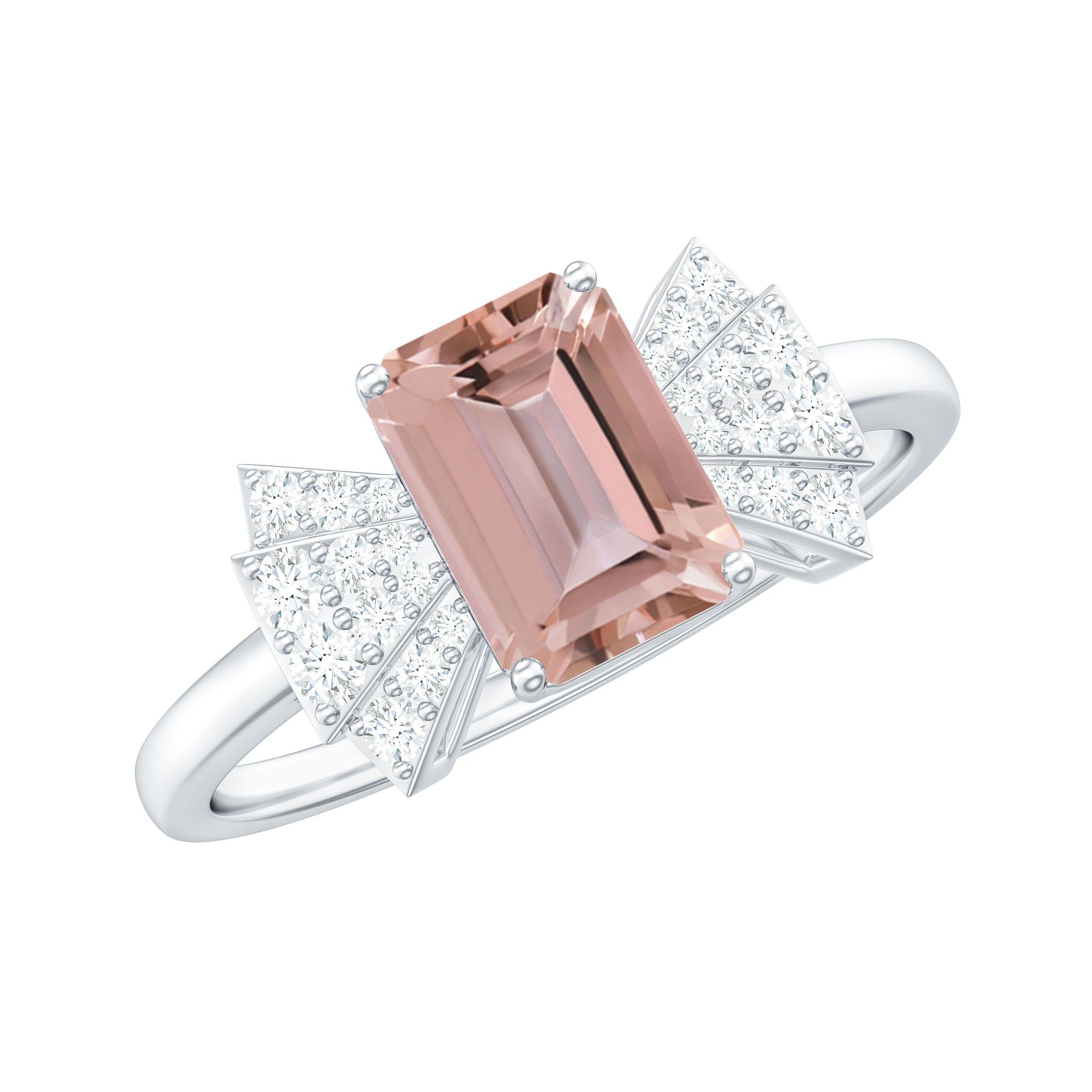 Rosec Jewels-Emerald Cut Morganite Solitaire Engagement Ring with Diamond
