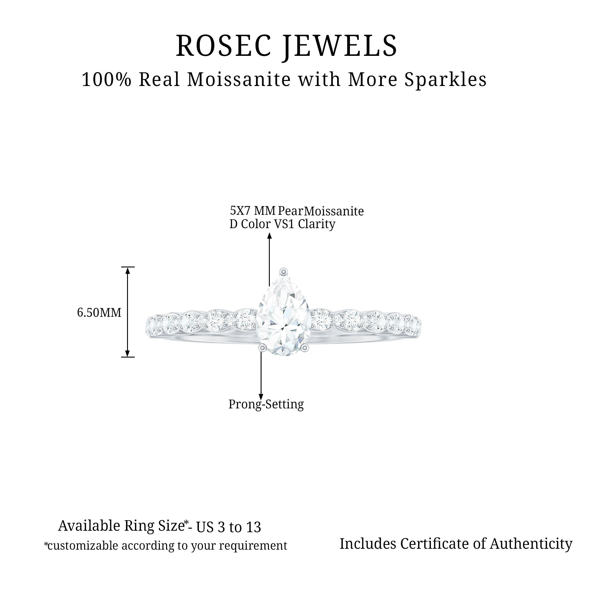 Pear Shape Solitaire Moissanite Promise Ring Moissanite - ( D-VS1 ) - Color and Clarity - Rosec Jewels