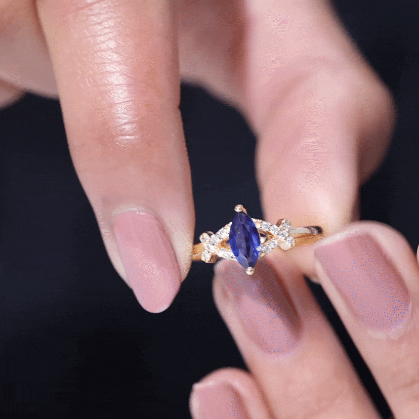 Created Blue Sapphire Minimal Engagement Ring With Diamond Lab Created Blue Sapphire - ( AAAA ) - Quality - Rosec Jewels