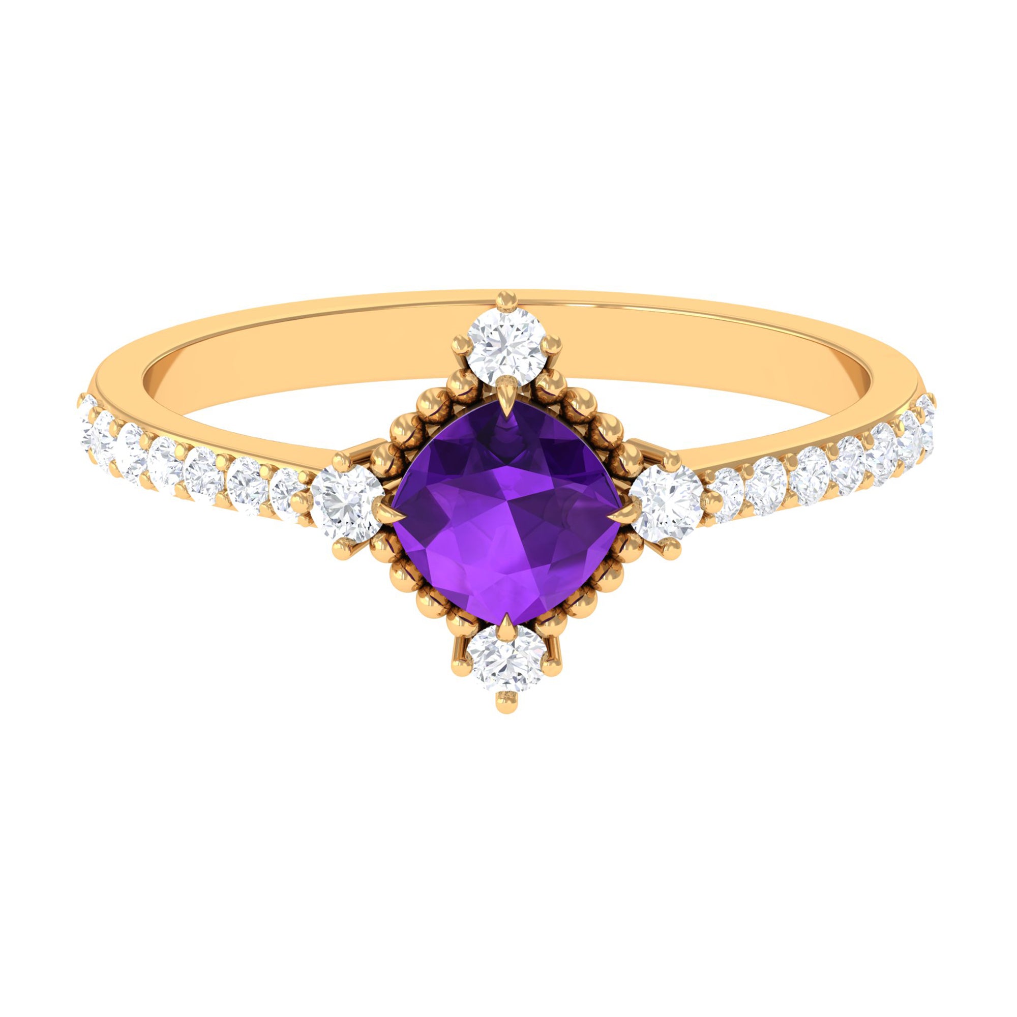 Cushion Amethyst Solitaire Engagement Ring with Diamond Side Stones Amethyst - ( AAA ) - Quality - Rosec Jewels