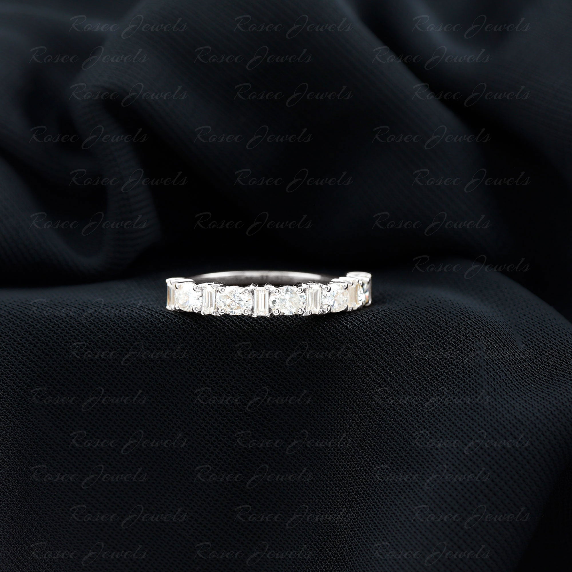 Oval and Baguette Cut Zircon Wedding Half Eternity Ring Zircon - ( AAAA ) - Quality - Rosec Jewels