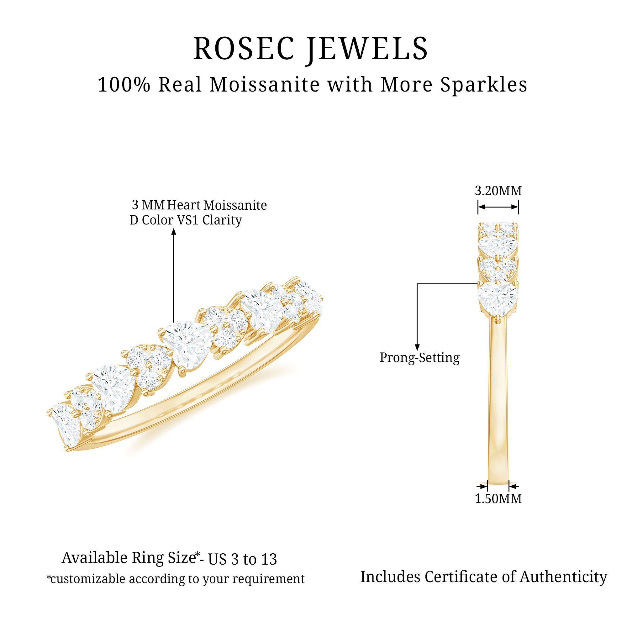 3/4 CT Moissanite Heart Half Eternity Band Ring in Gold Moissanite - ( D-VS1 ) - Color and Clarity - Rosec Jewels