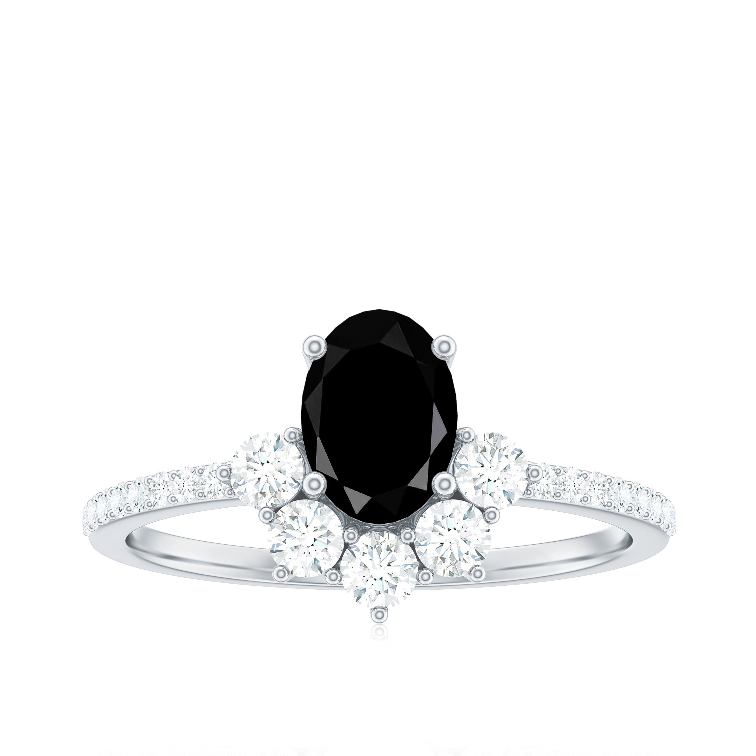 Oval Black Onyx Designer Ring with Diamond Half Halo Black Onyx - ( AAA ) - Quality - Rosec Jewels