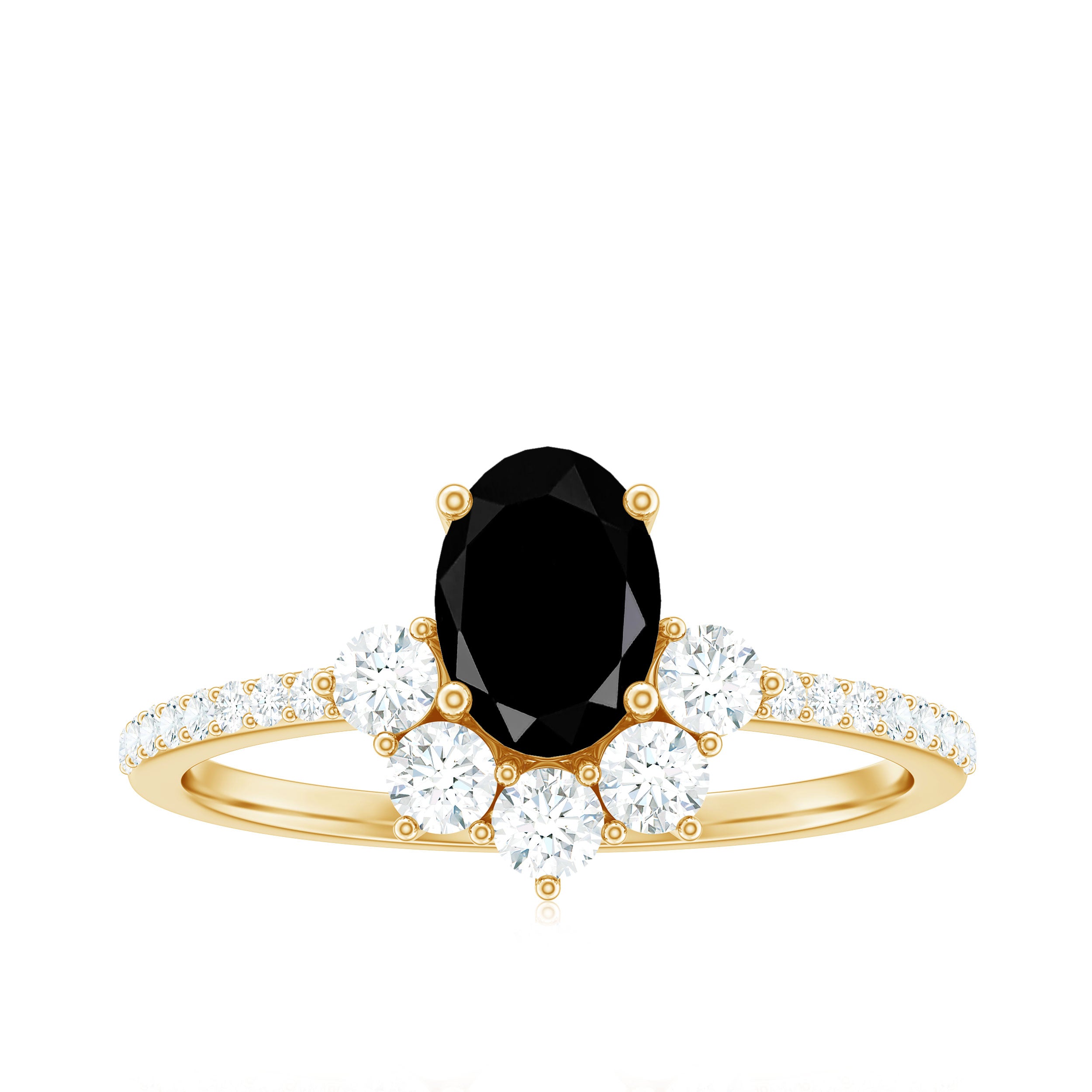 Oval Black Onyx Designer Ring with Diamond Half Halo Black Onyx - ( AAA ) - Quality - Rosec Jewels