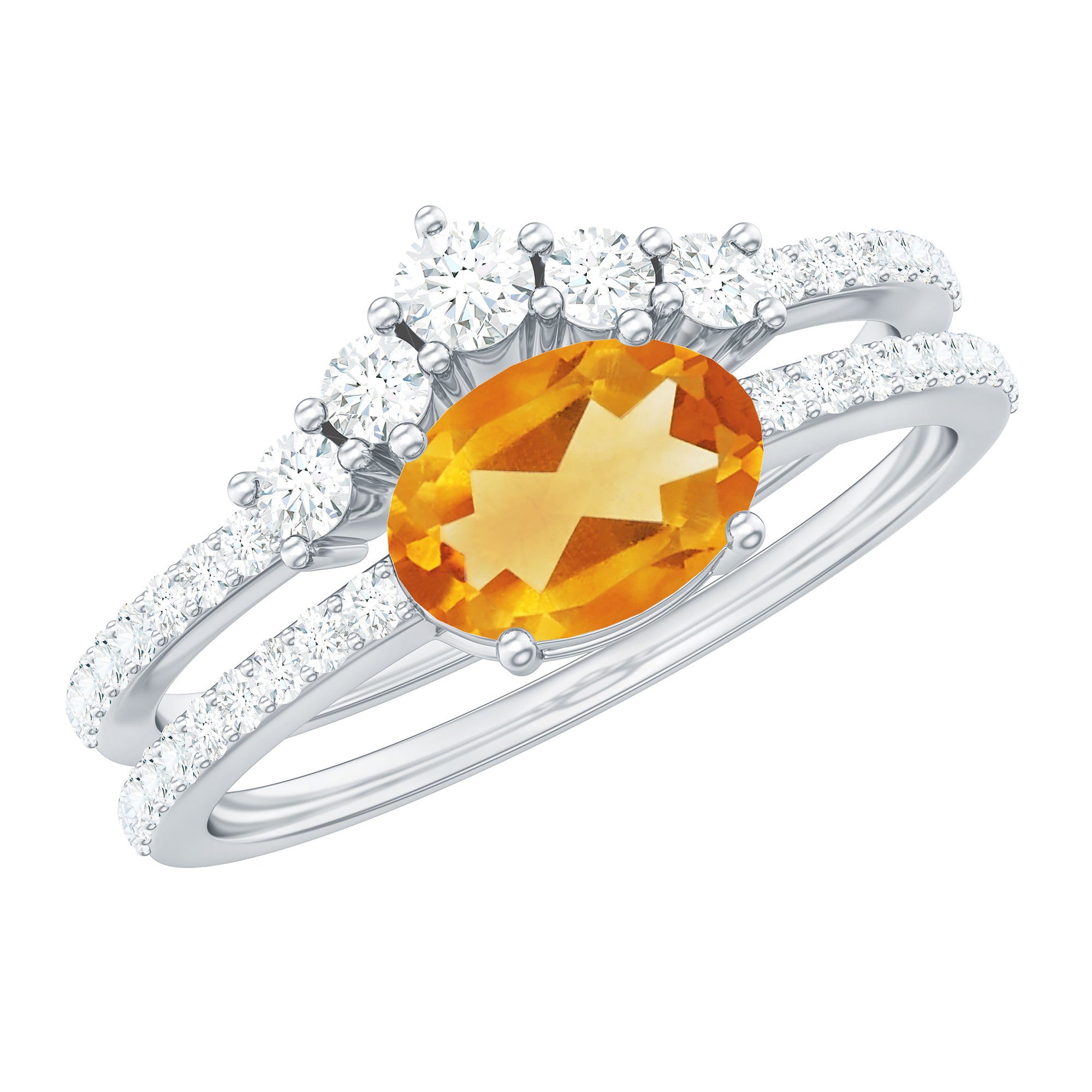 Oval Citrine East West Wedding Ring Set with Moissanite Citrine - ( AAA ) - Quality - Rosec Jewels