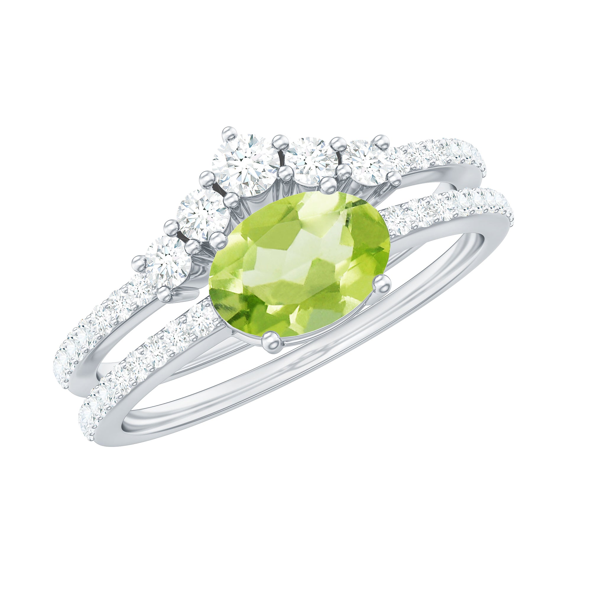Oval Peridot East West Wedding Ring Set with Diamond Peridot - ( AAA ) - Quality - Rosec Jewels