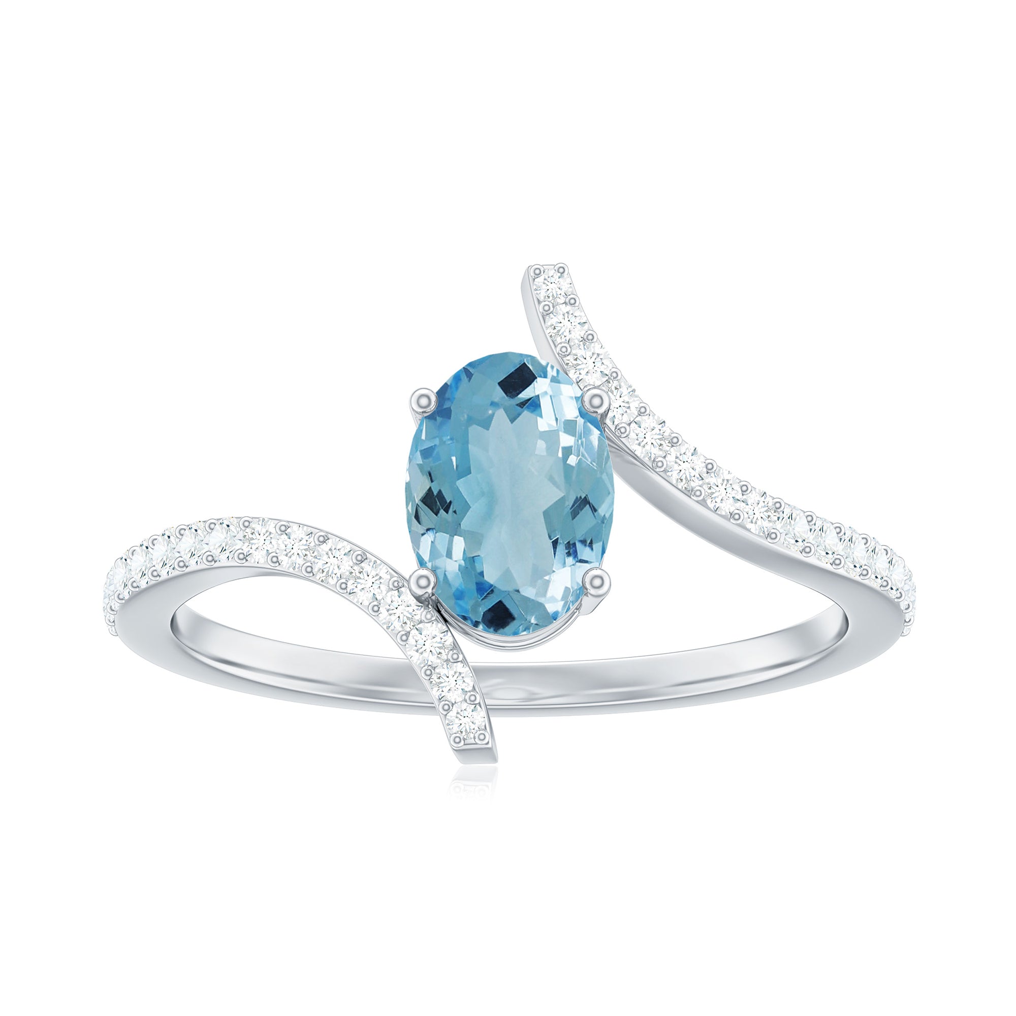 Oval Aquamarine Solitaire Bypass Ring with Diamond Aquamarine - ( AAA ) - Quality - Rosec Jewels