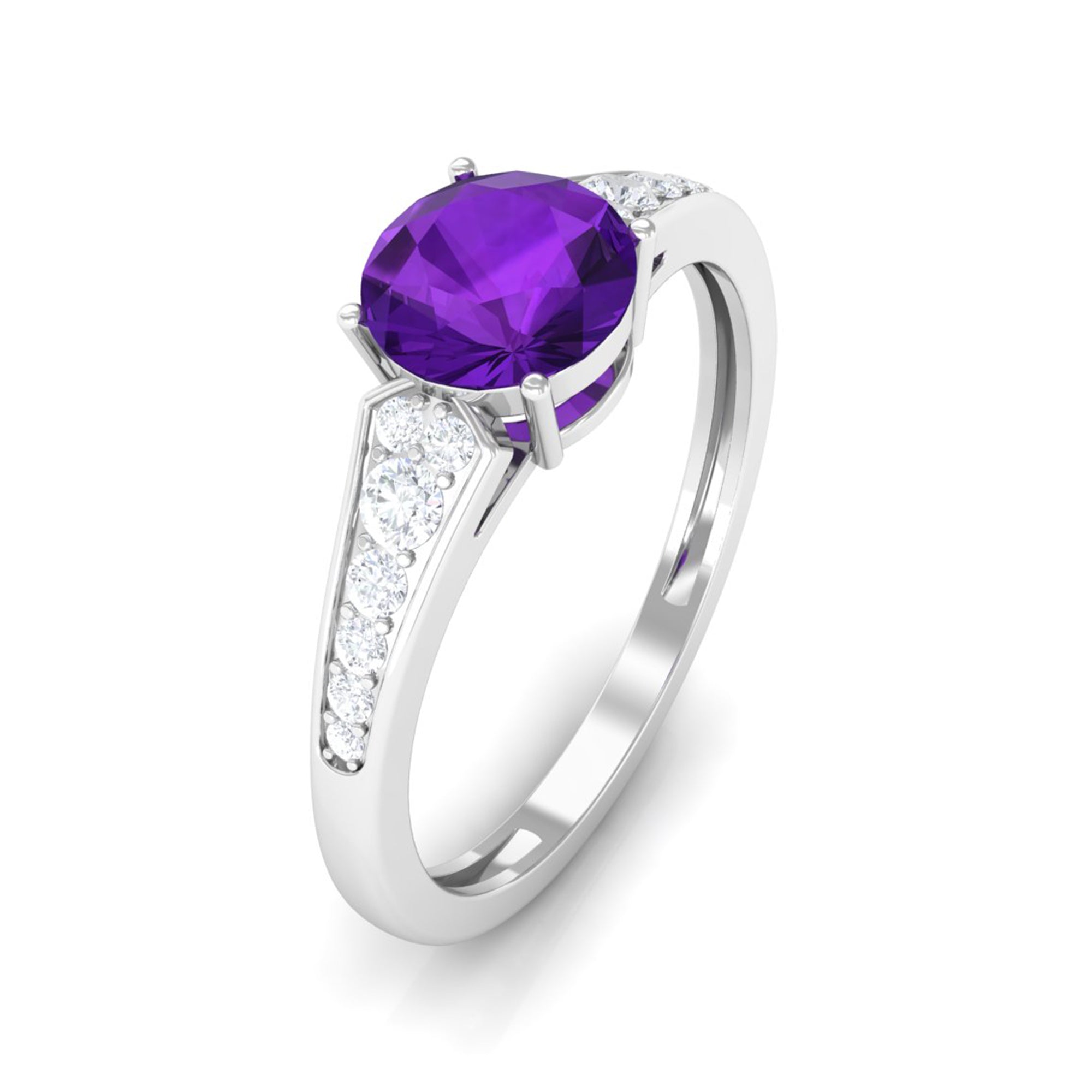 Real Amethyst Solitaire Ring with Diamond Side Stones Amethyst - ( AAA ) - Quality - Rosec Jewels