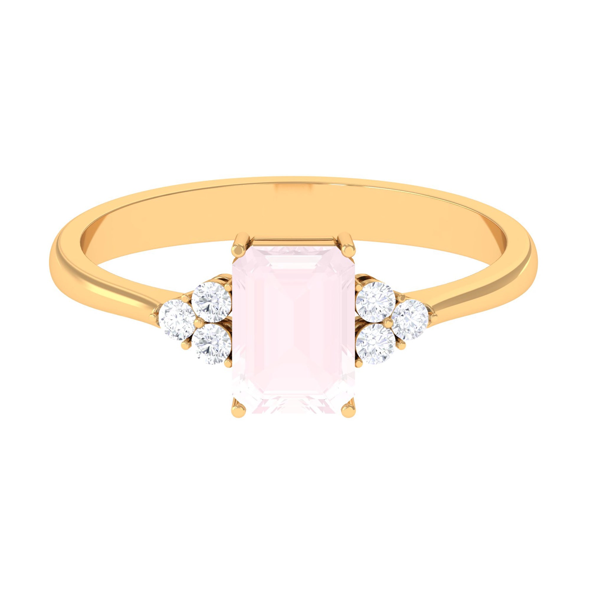 Emerald Cut Rose Quartz Solitaire Engagement Ring with Diamond Trio Rose Quartz - ( AAA ) - Quality - Rosec Jewels