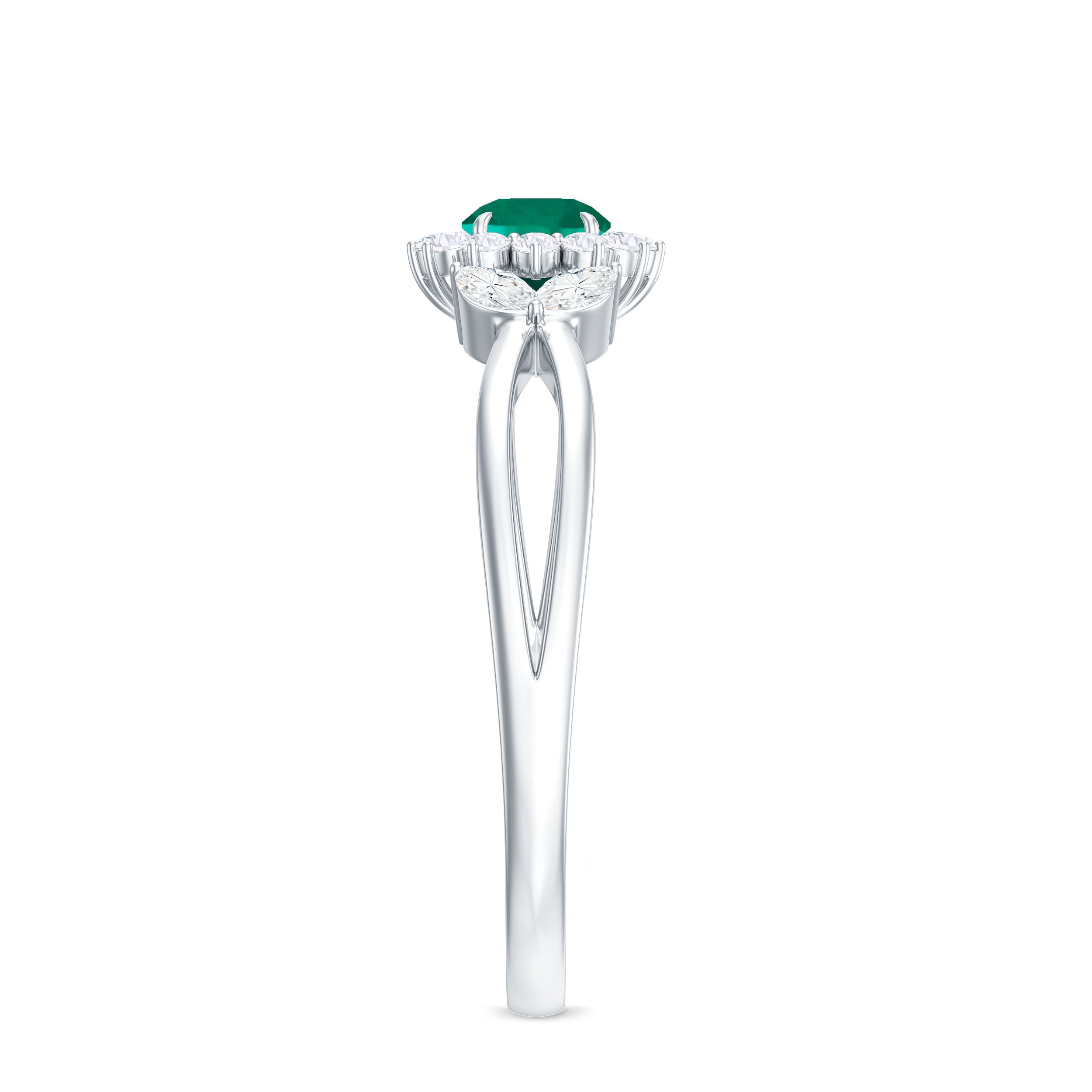 Created Emerald and Diamond Flower Engagement Ring in Split Shank Lab Created Emerald - ( AAAA ) - Quality - Rosec Jewels