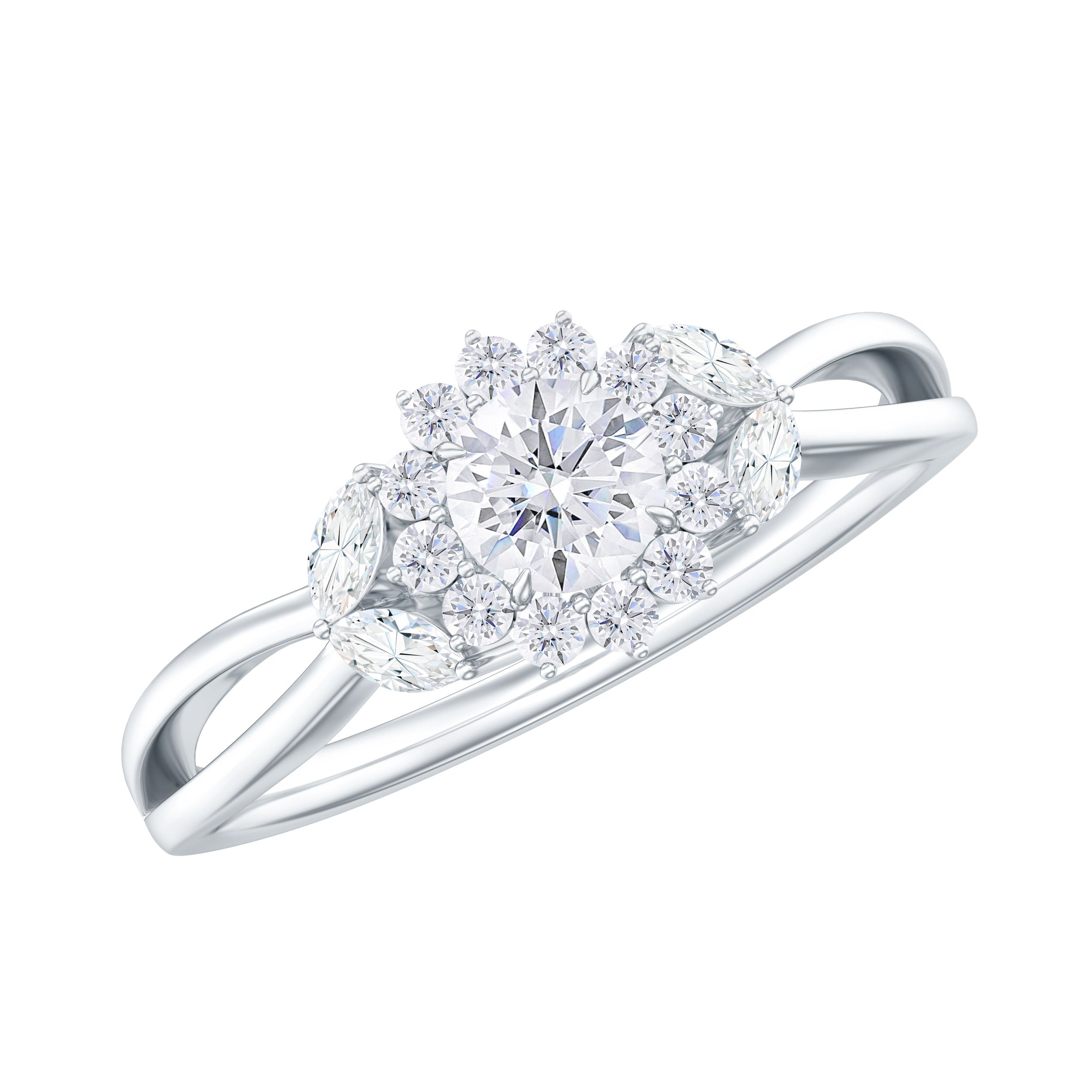Split Shank Simulated Diamond Flower Engagement Ring Zircon - ( AAAA ) - Quality - Rosec Jewels