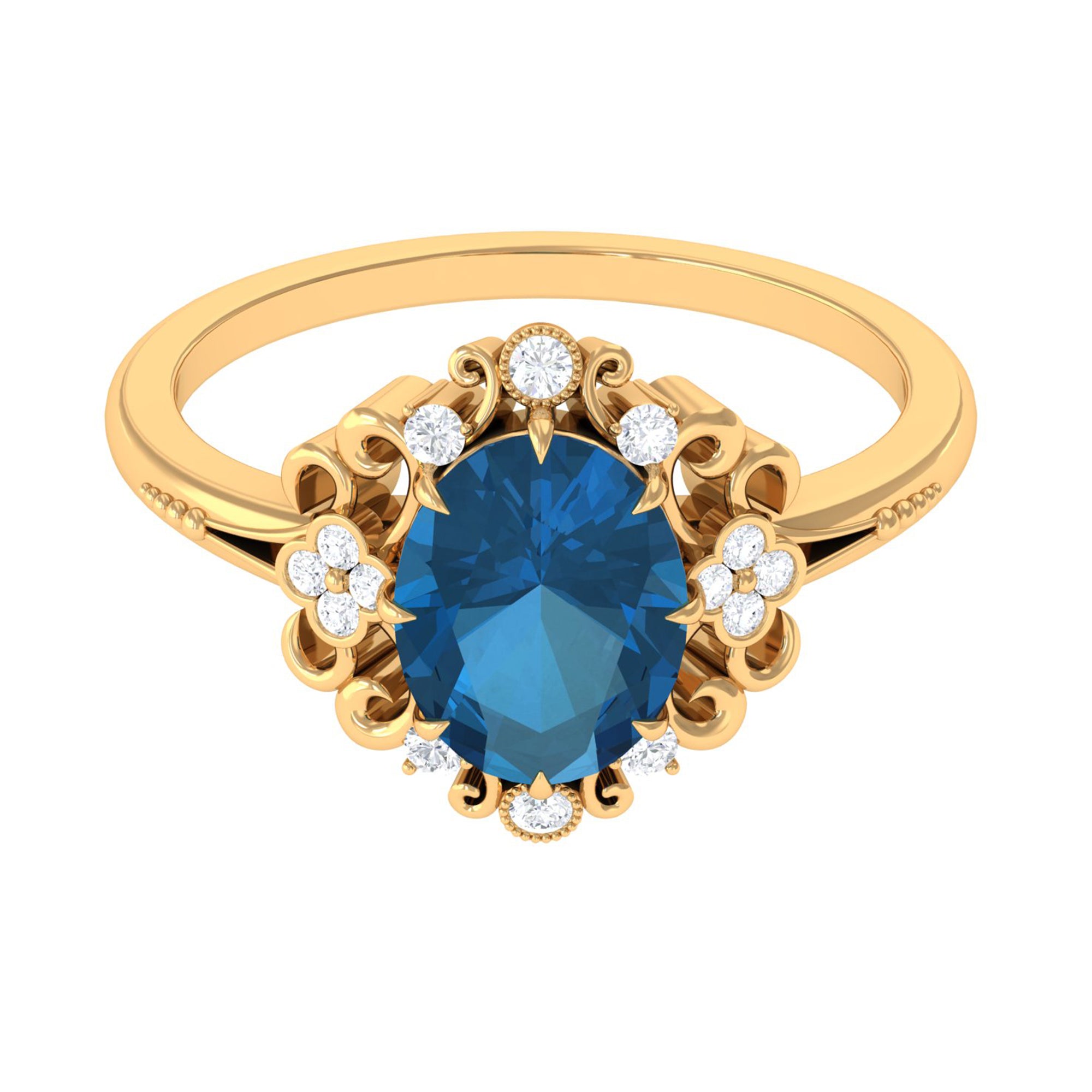 Vintage Inspired London Blue Topaz Engagement Ring with Diamond London Blue Topaz - ( AAA ) - Quality - Rosec Jewels