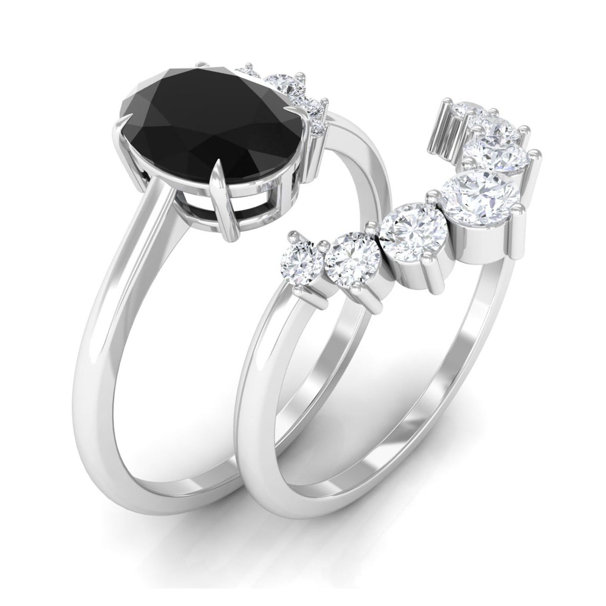 Created Black Diamond Oval Engagement Ring Set with Diamond Lab Created Black Diamond - ( AAAA ) - Quality - Rosec Jewels