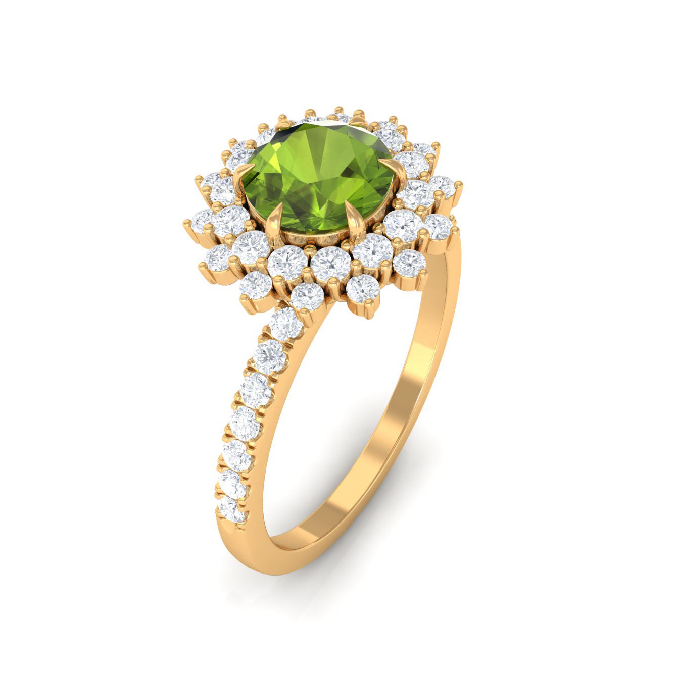 Round Peridot Statement Engagement Ring with Moissanite Cluster Halo Peridot - ( AAA ) - Quality - Rosec Jewels