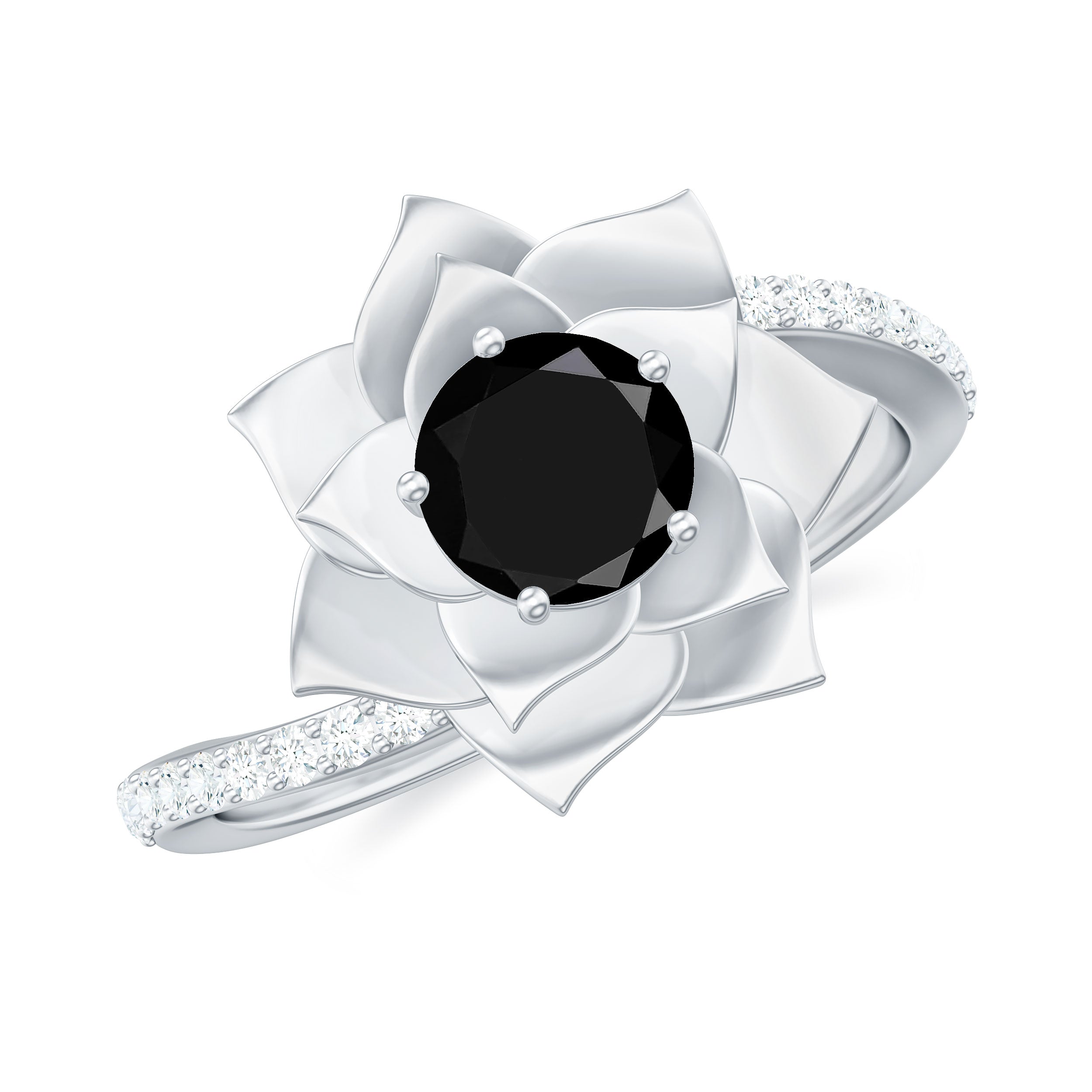 Rosec Jewels-Created Black Diamond and Diamond Flower Ring in Bypass Shank