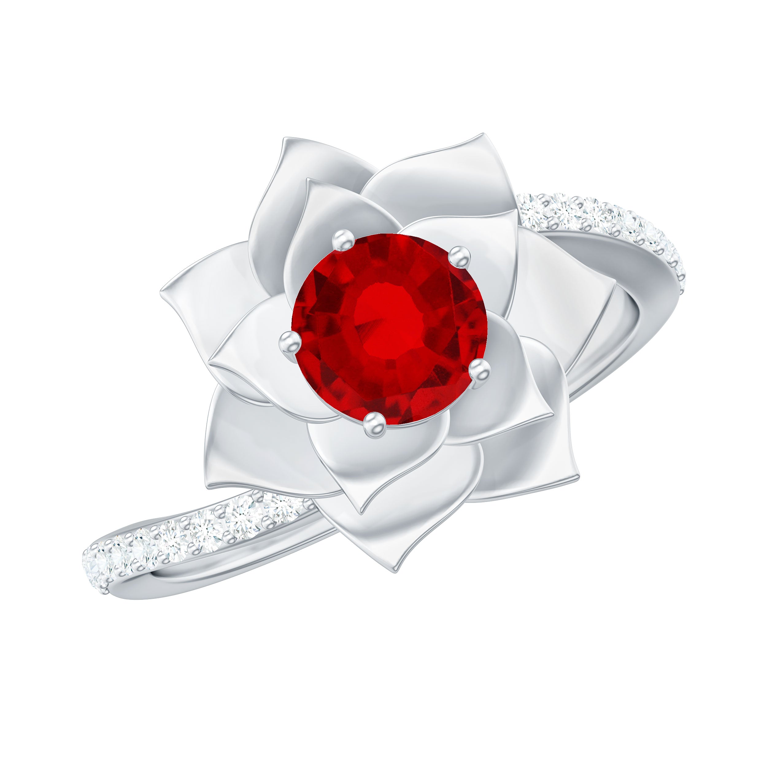 Rosec Jewels-Lab-Created Ruby and Diamond Flower Ring in Bypass Shank