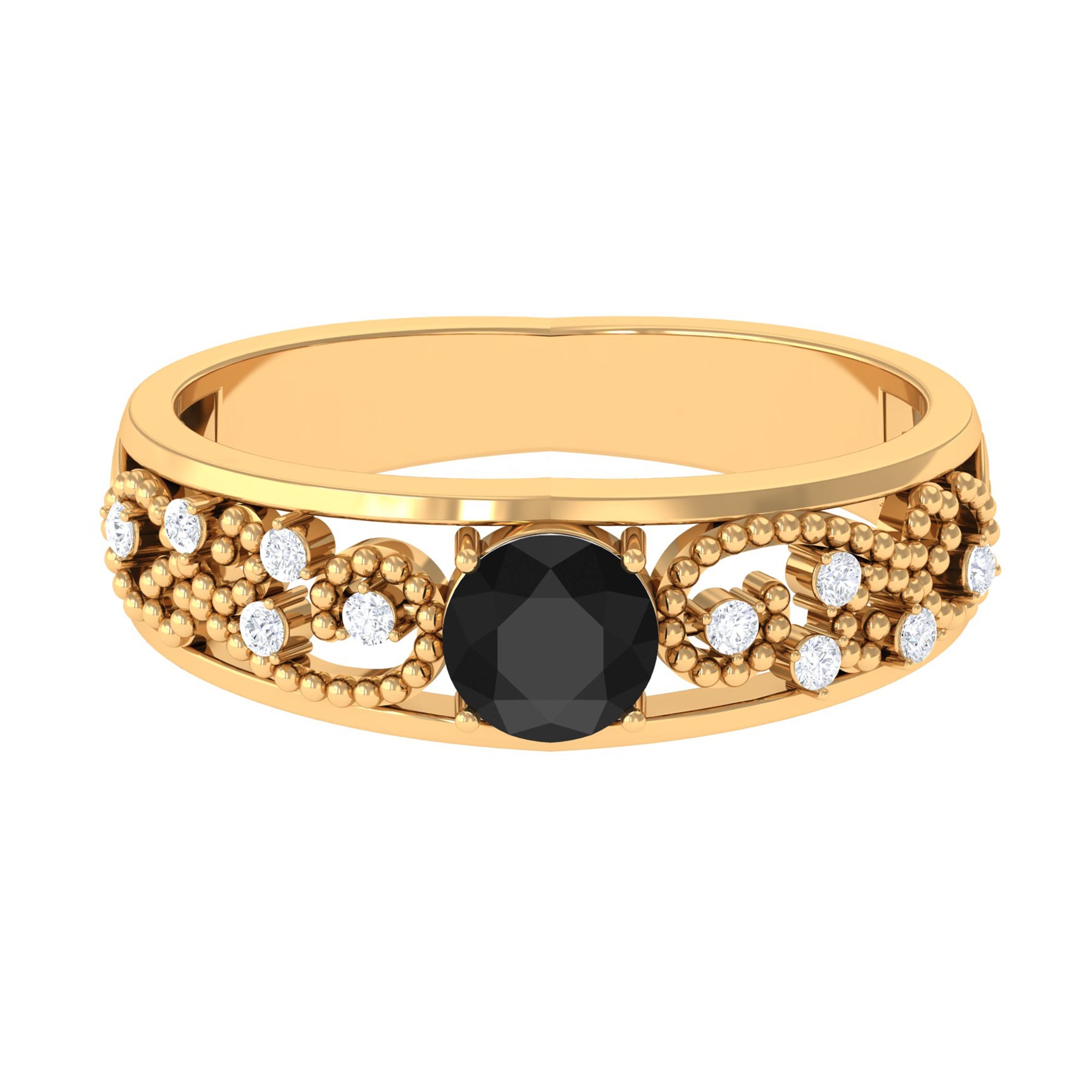 Rosec Jewels-1 CT Beaded Created Black Diamond Solitaire Band Ring with Diamond Accent