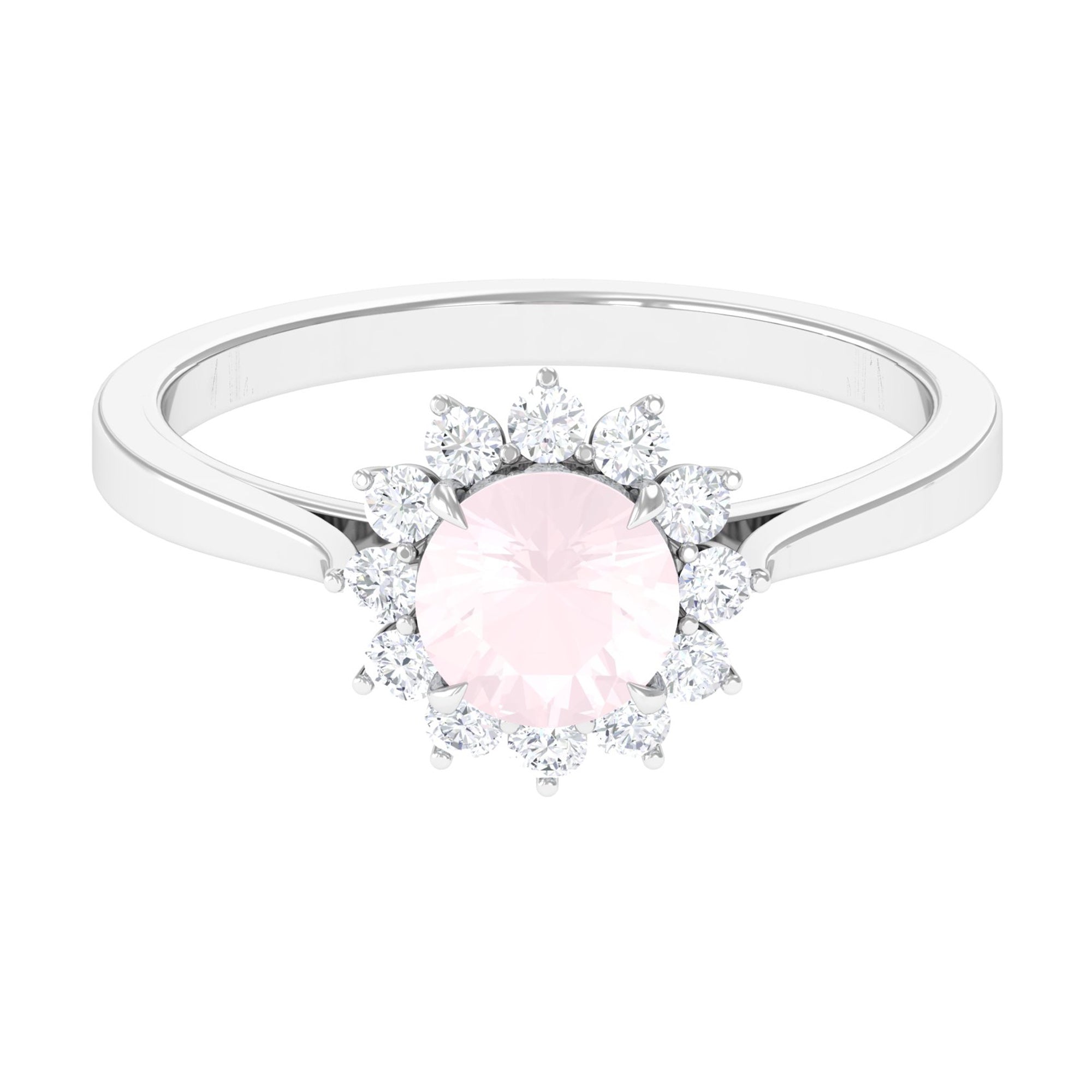 Round Shape Natural Rose Quartz Halo Ring with Diamond Rose Quartz - ( AAA ) - Quality - Rosec Jewels