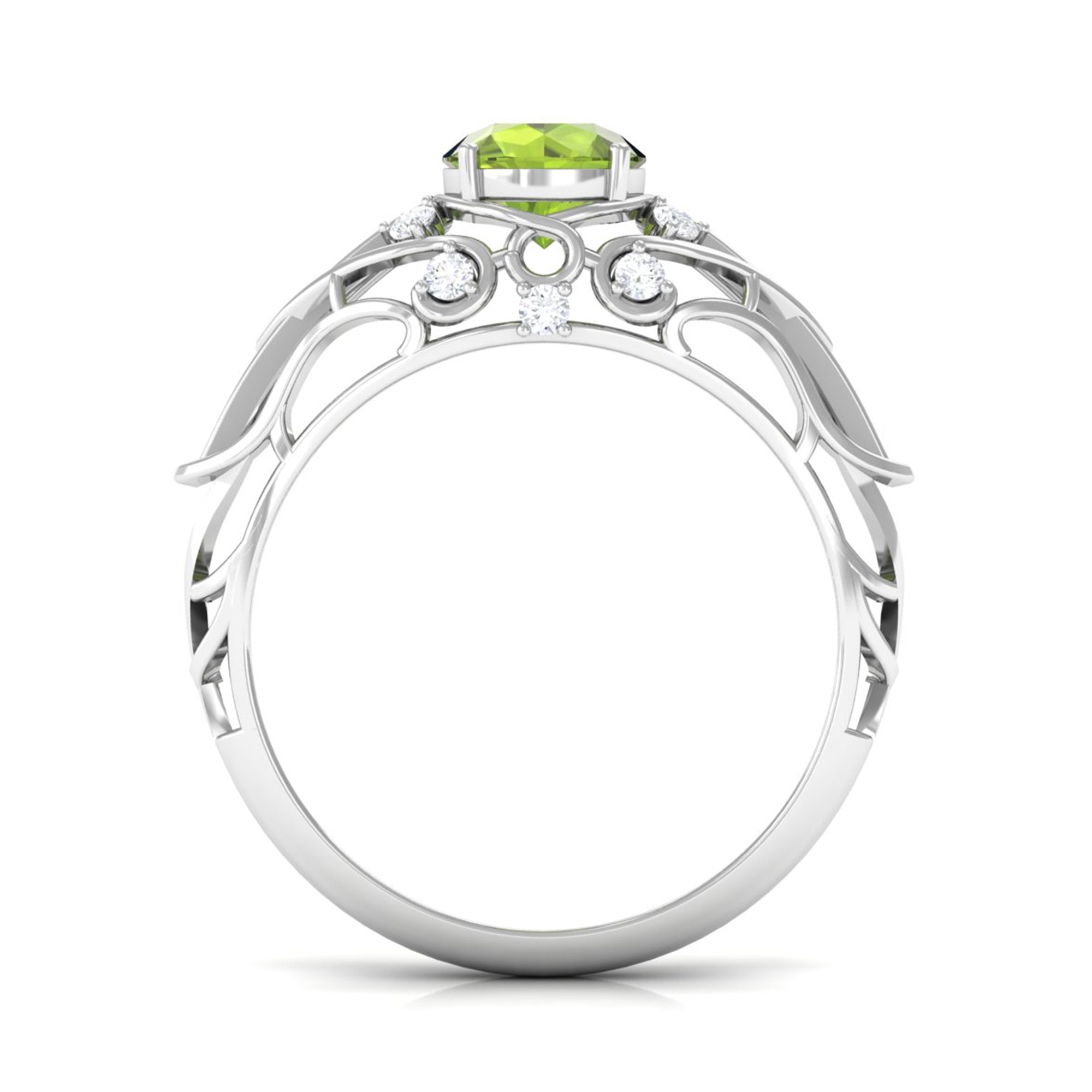 Antique Style Round Peridot Engagement Ring with Diamond Peridot - ( AAA ) - Quality - Rosec Jewels